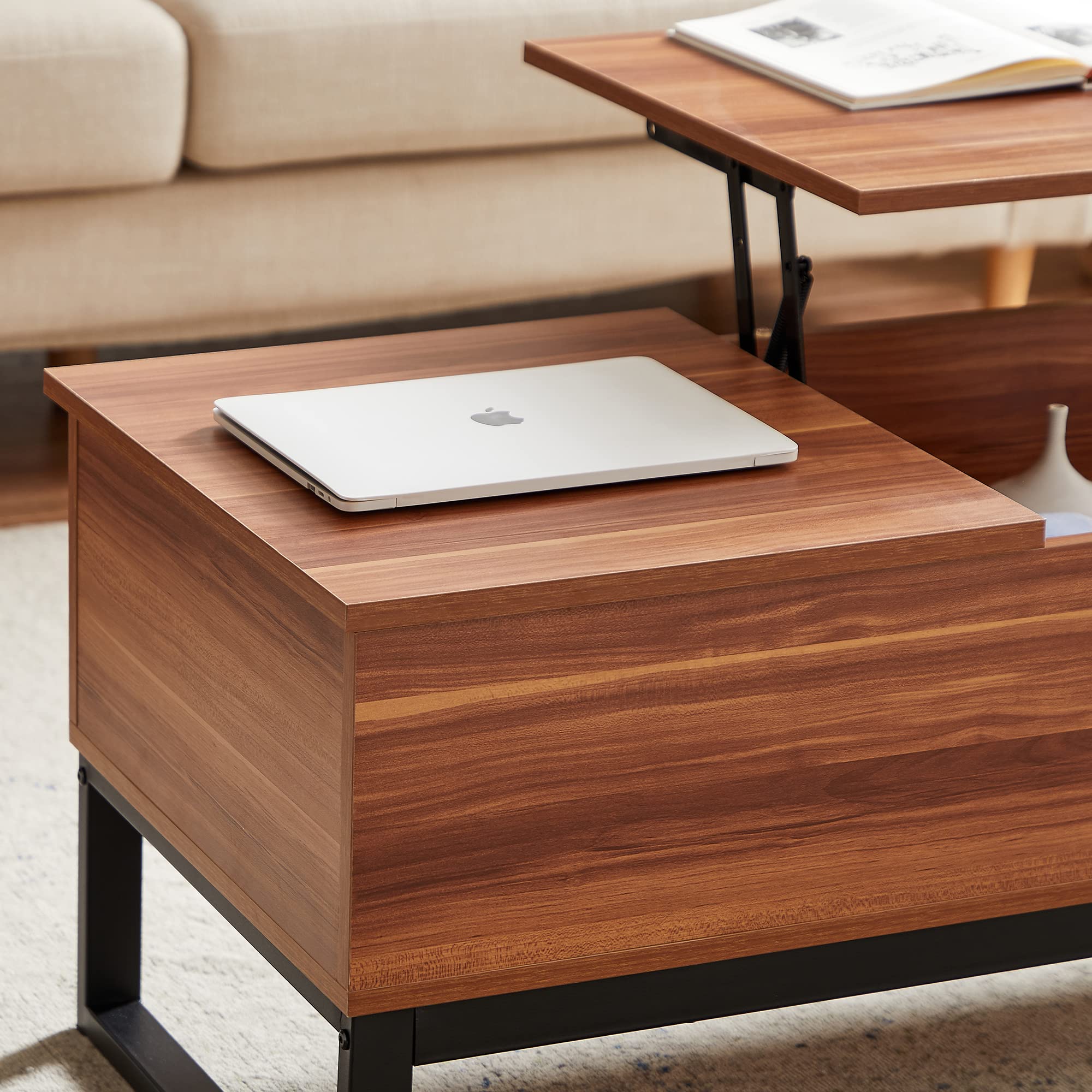 15-Minute Quick Assemble Coffee Table with Wood Grain Finish & Sturdy Metal Legs - Lift-Top Design for Extra Storage | Perfect Computer Desk for Small Spaces & Modern Living Rooms