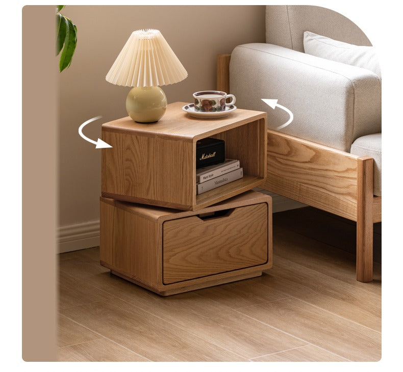 Rotating Oak Solid Wood Side Table Nightstand - Modern Bedroom Furniture for Small Spaces, Living Room, Office & Dorm