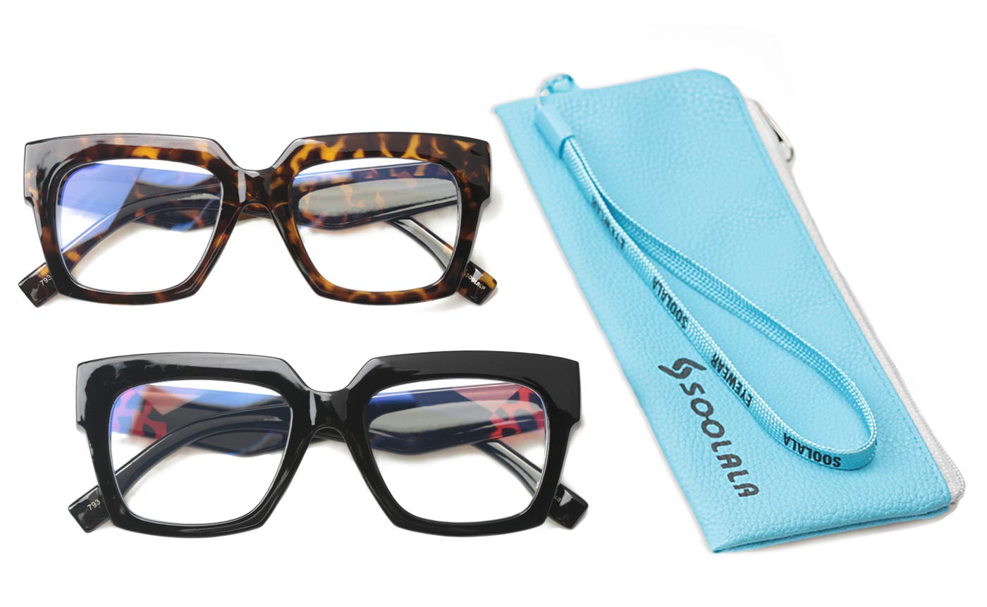 SOOLALA Blue Light Blocking Reading Glasses - Square Frame with Leopard Print Arms - Reduce Eye Strain for Computer Work, Reading & Gaming