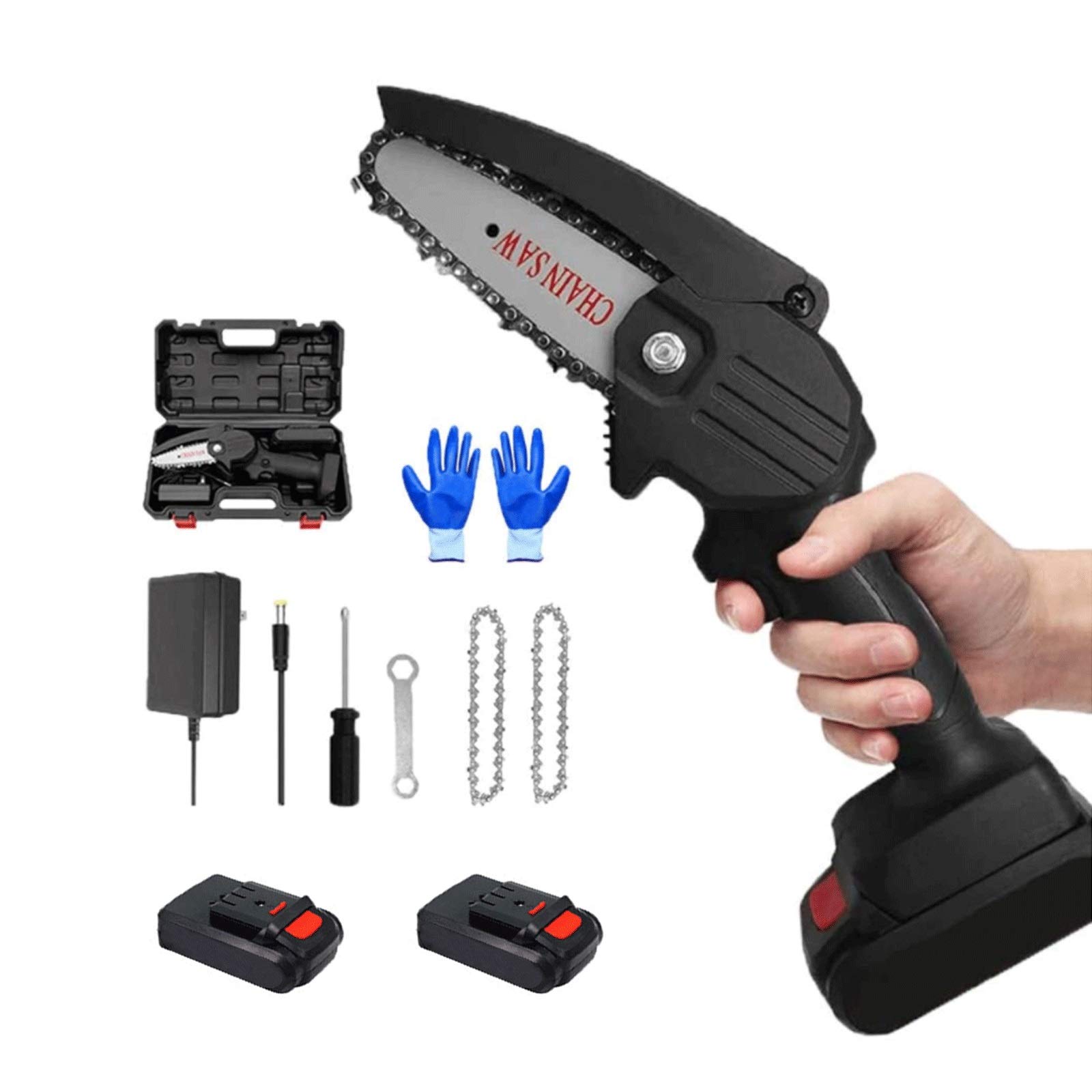 4-Inch Cordless Mini Chainsaw - Lightweight 0.7kg One-Hand Electric Chainsaw with 2 Batteries & Anti-Splash Chain - Portable Tree Branch Cutter for Wood Cutting, Gardening, Yard Work & DIY Projects (Black)