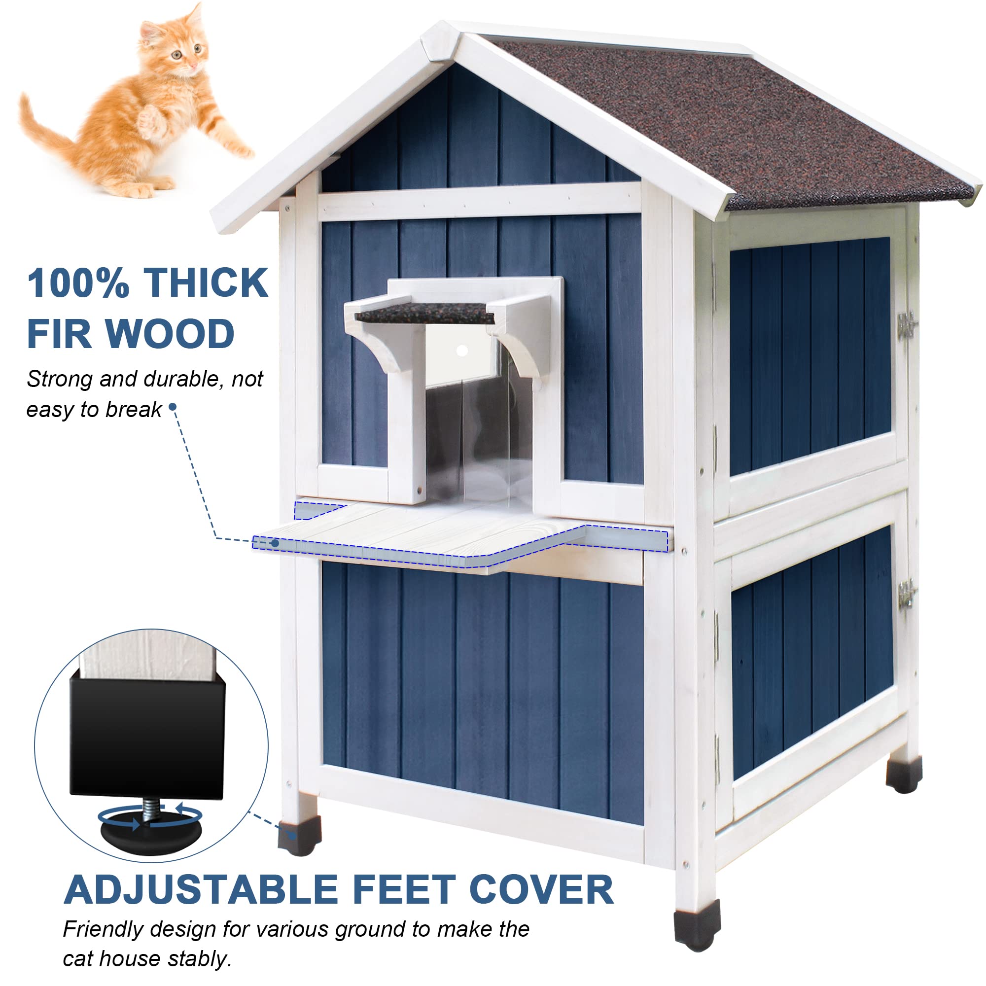 HiCaptain Weatherproof Outdoor Cat House - 2 Story Feral Cat Shelter with Balcony & Escape Door, Durable Wooden Pet Shelter for Small Animals (Blue) - Perfect for Backyard, Garden & Patio Protection