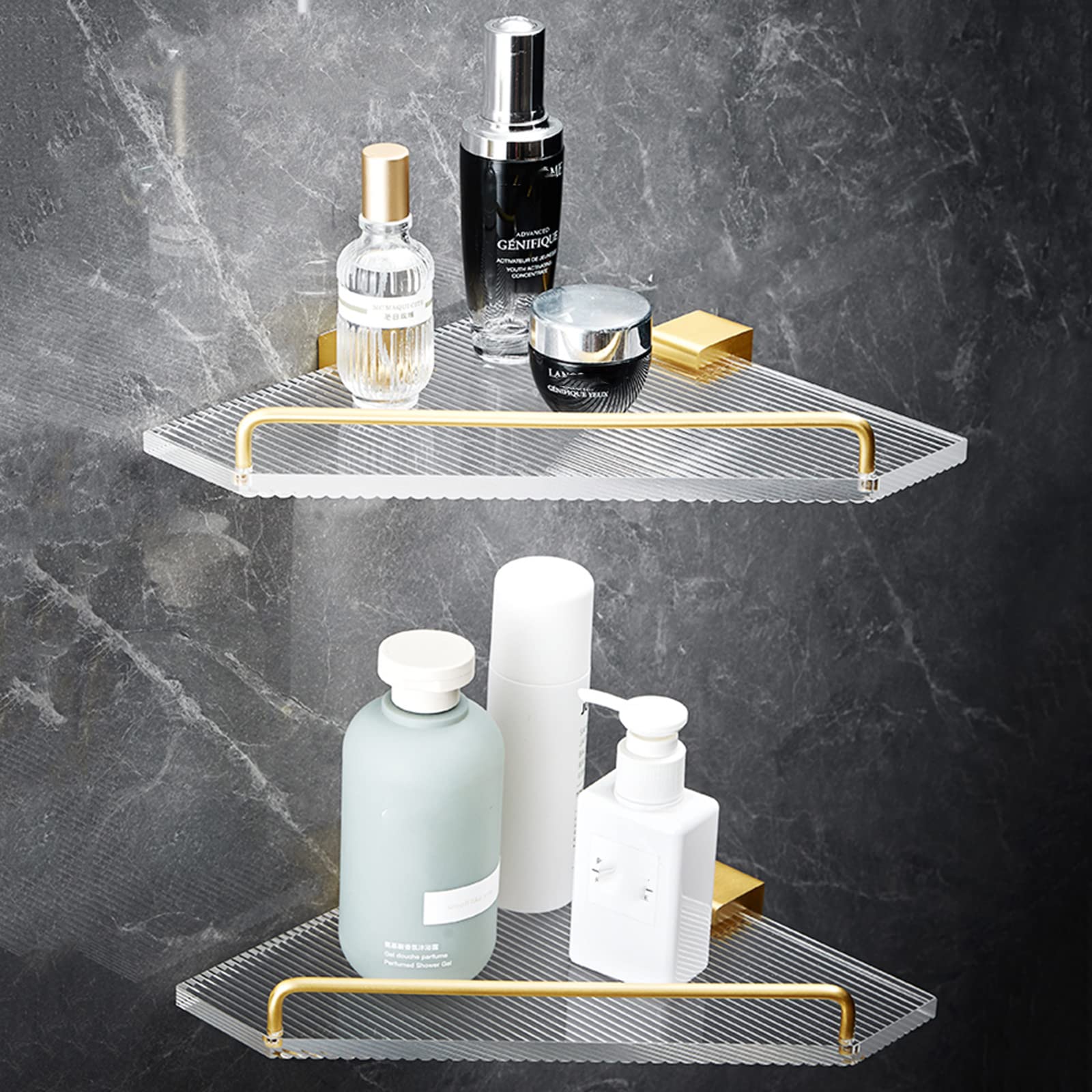 No Drill Shower Shelf - Rustproof Aluminum/Acrylic Wall Mounted Shower Caddy with Strong Adhesive, 2-Tier Bathroom Organizer for Shampoo & Toiletries (Gold) - Perfect for Small Bathrooms & Apartment Showers