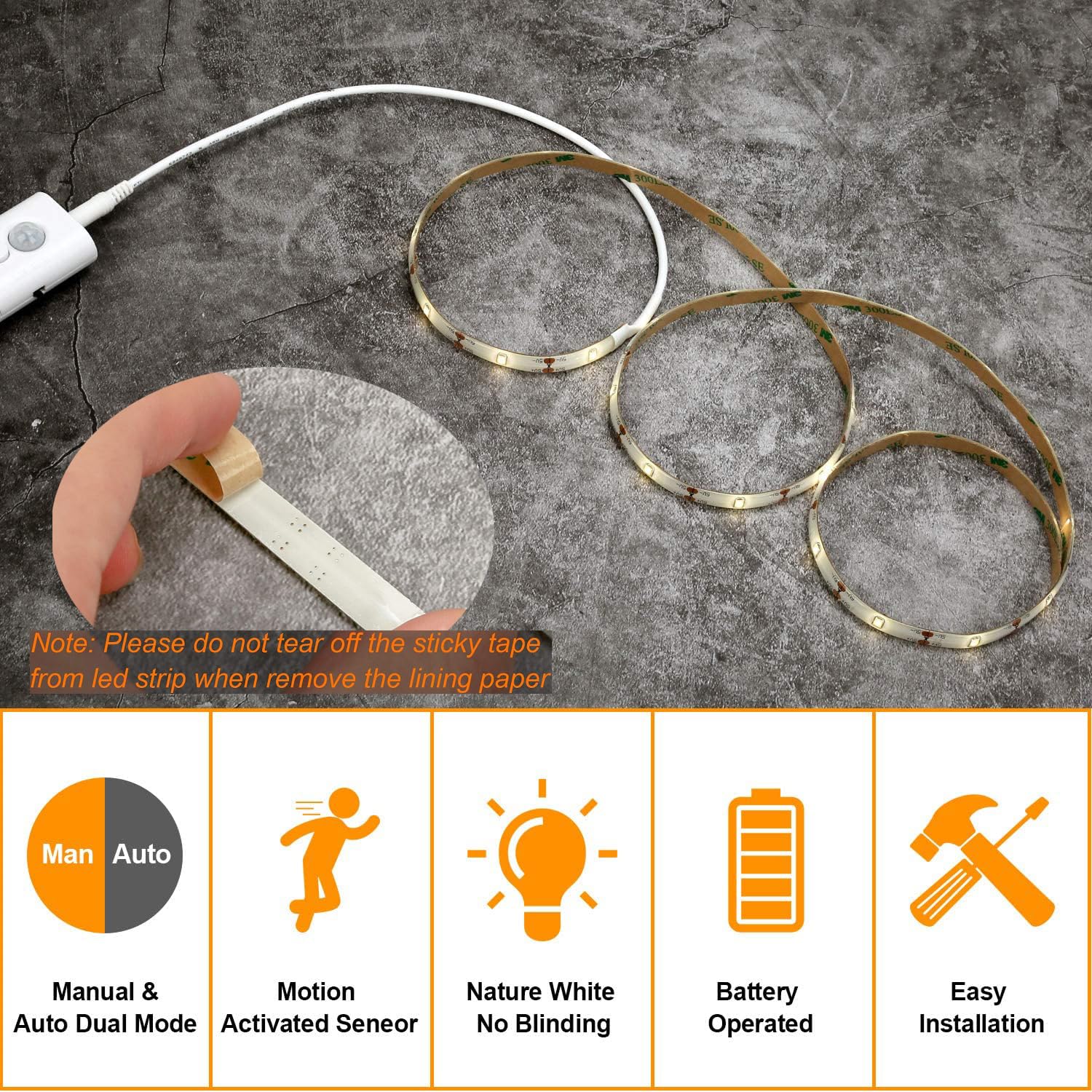 Motion Sensor LED Strip Lights - Battery Powered Closet Lighting with Dual Mode (Auto/Manual) - Under Cabinet, Stairs, Bed, Mirror - No Wiring Needed - White - Perfect for Dark Closets, Kitchens & Nighttime Safety