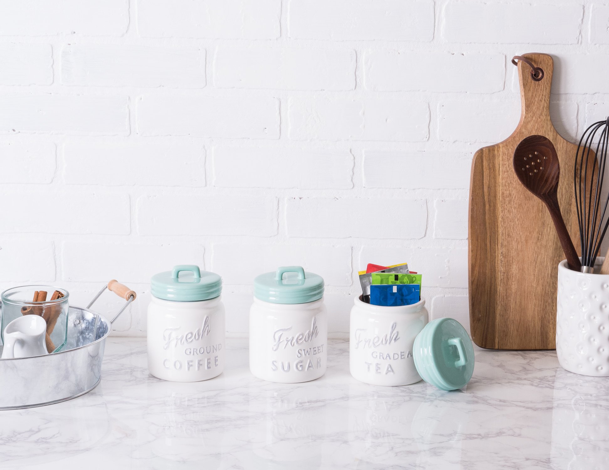 DII Ceramic Kitchen Canister Set - 3-Piece Airtight Food Storage Jars in Aqua Blue | Perfect for Pantry Organization, Flour, Sugar & Coffee Storage | Elegant Home Decor for Modern Kitchens
