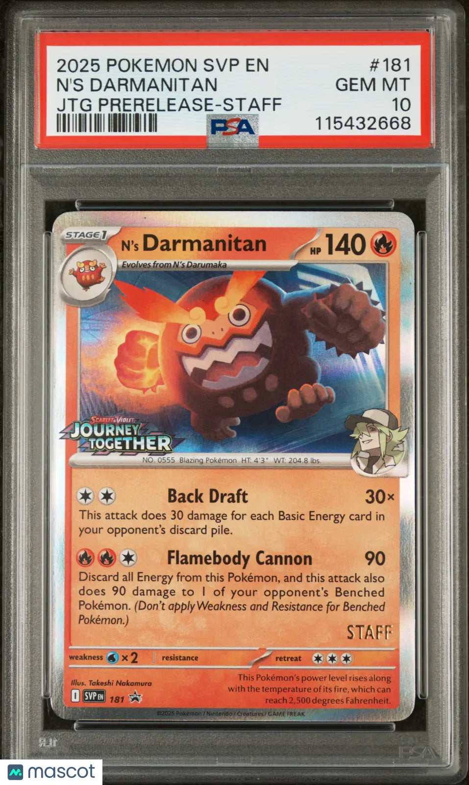 2025 Pokemon Scarlet Violet Black Star Promo N's Darmanitan #181 JTG Prerelease Staff PSA 10 Graded Card - Rare Collectible for Pokemon TCG Players & Investors
