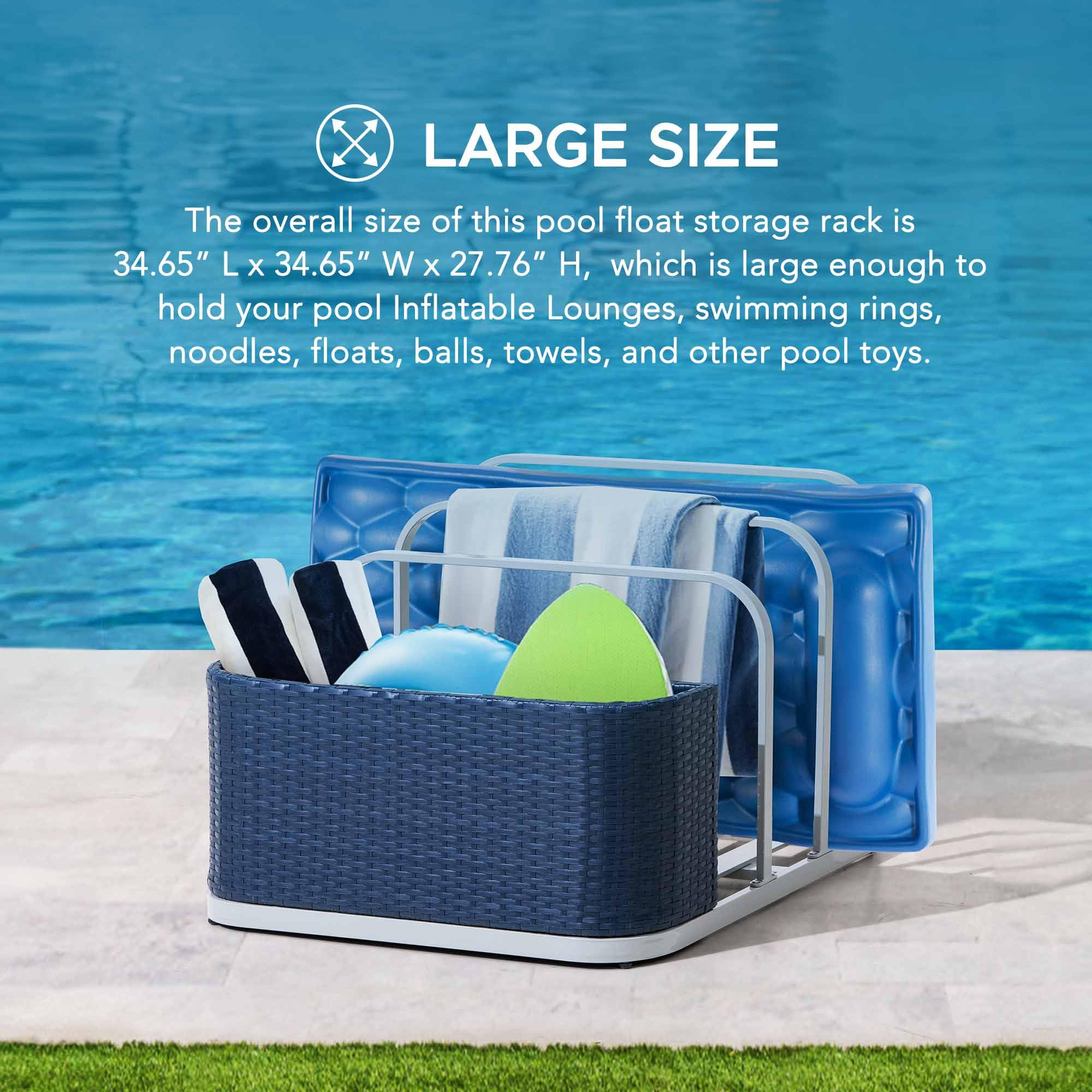 Sunjoy 35-Inch Rust-Proof Aluminum Pool Float Storage Rack – Outdoor Wicker Poolside Organizer for Cushions, Floaties, Noodles & Pool Toys (Navy) – Perfect for Backyard, Poolside & Patio Storage