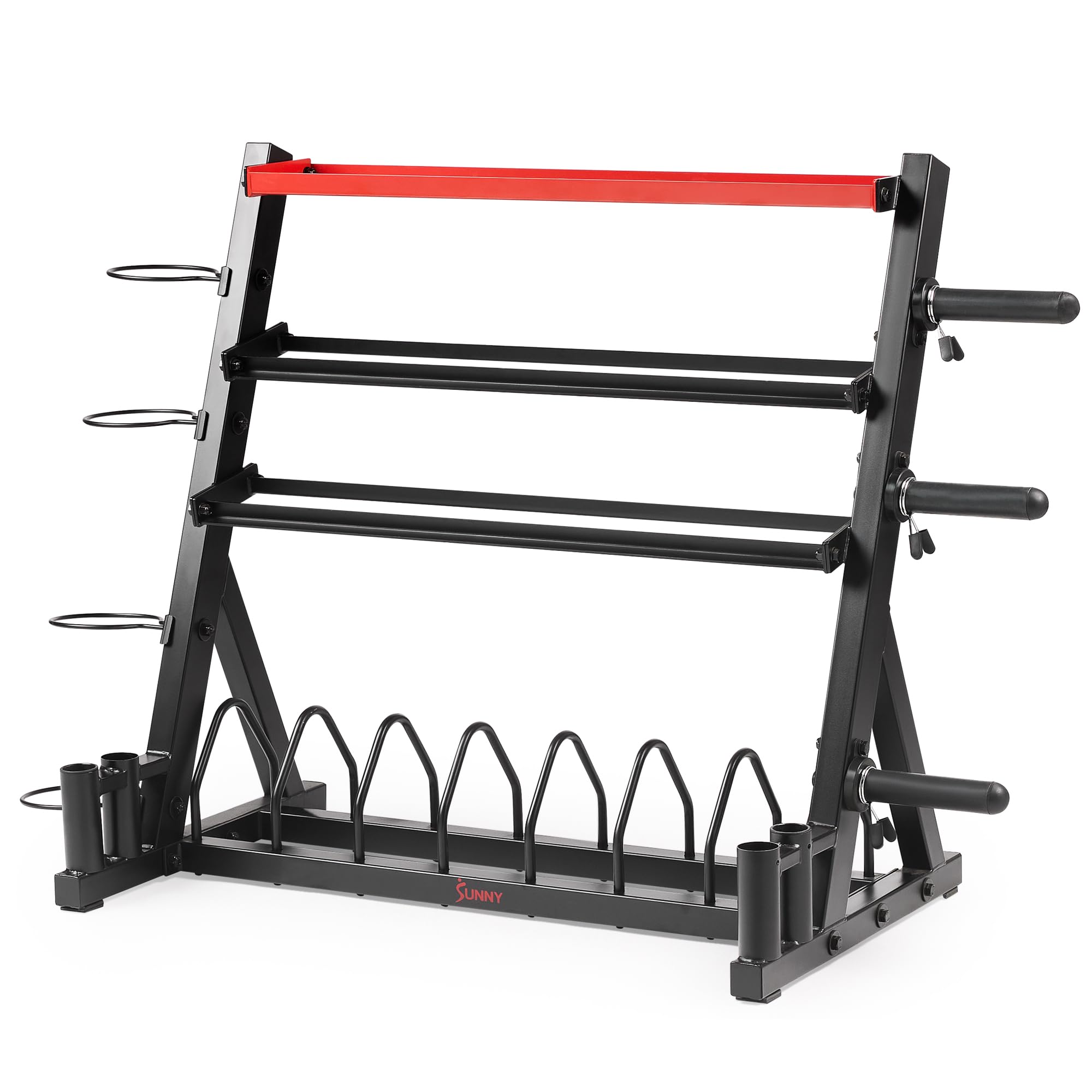 Sunny Health & Fitness Multi-Weight Storage Rack Stand - Organize Dumbbells, Kettlebells, Olympic Plates & Barbells - Perfect for Home Gym & Garage Workouts