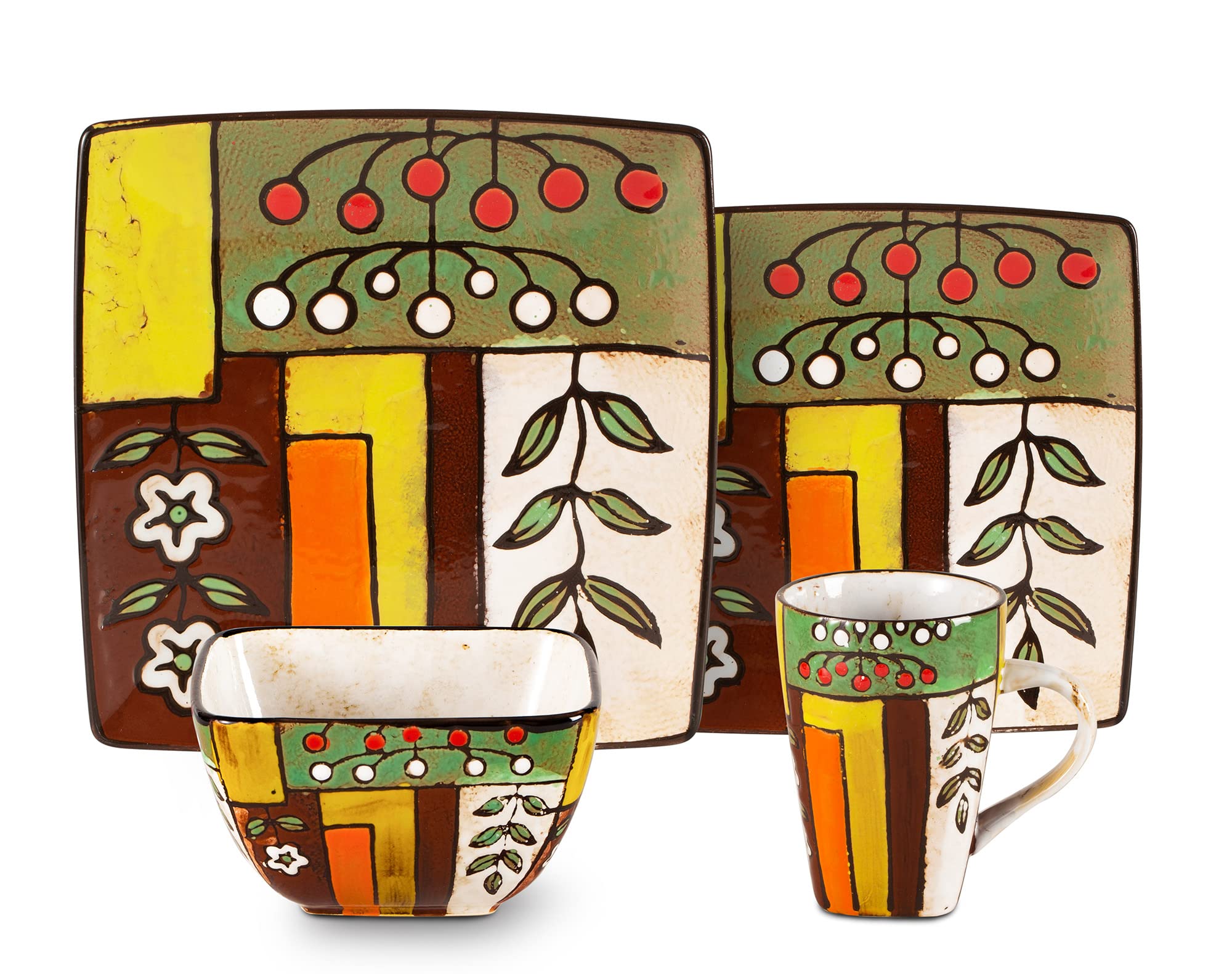 16-Piece Stoneware Artisan Hand-Painted Spring Garden Dinnerware Set | Reactive Glaze Ceramic Plates & Bowls | Perfect for Easter, Spring Tablescapes & Farmhouse Dining Decor