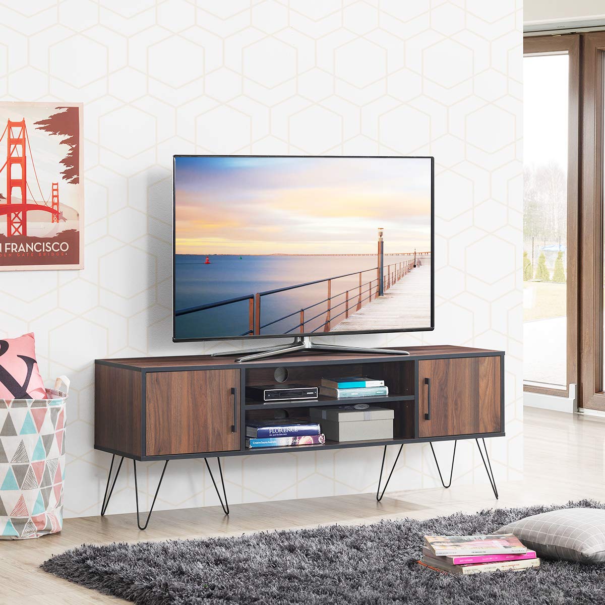 Tangkula 59 Inch Retro TV Stand with 6 Metal Legs - Modern Entertainment Center for 65 Inch TVs, Adjustable Shelf & 2 Cable Holes - Media Storage Cabinet for Living Room, Bedroom & Home Theater Setup