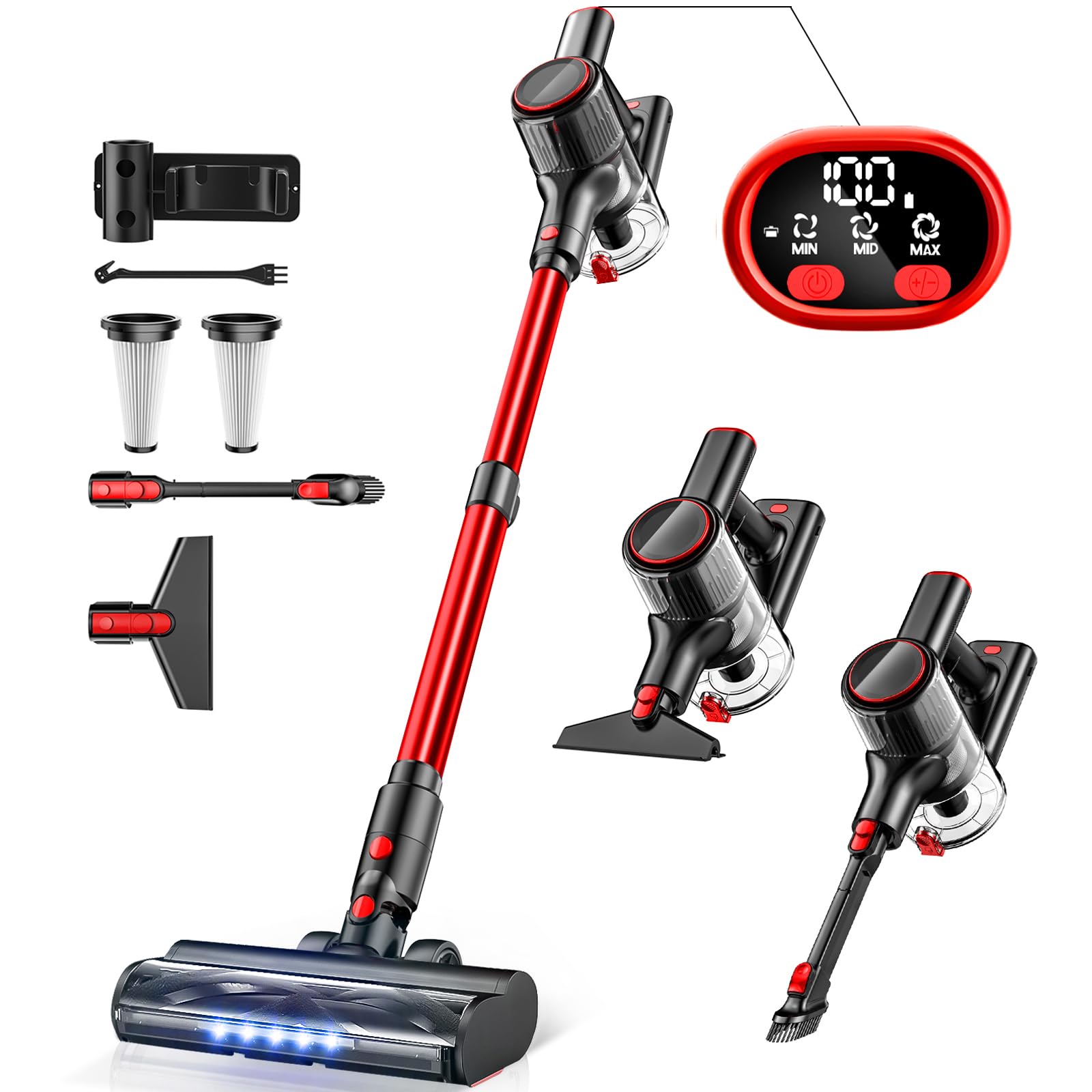 30KPa 8-in-1 Cordless Stick Vacuum Cleaner - 3 Suction Modes, LED Display, Anti-Tangle Technology - Lightweight for Hard Floors, Carpets & Pet Hair (Red) | Perfect for Home Cleaning, Car Detailing & Pet Owners