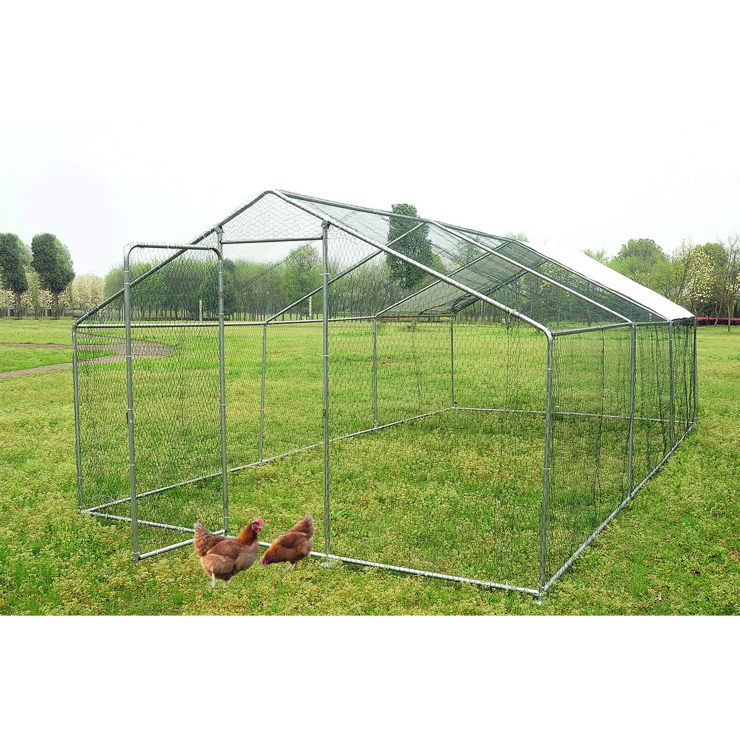 Large Walk-In Chicken Coop for 40 Chickens - 19.7×9.8×6.6ft Galvanized Steel Poultry Cage with Waterproof & UV-Resistant Cover, Spire Top Design - Perfect for Backyard Farming, Outdoor Poultry Housing & Free-Range Chicken Keeping