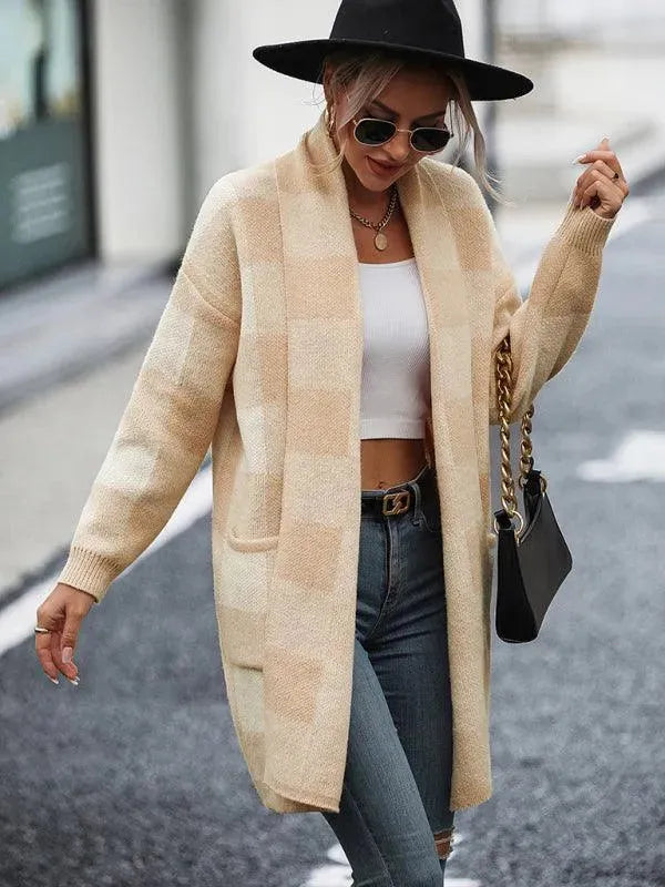 Stylish Loose Plaid Color Block Knit Cardigan Sweater for Women - Cozy Fall & Winter Fashion - Perfect for Office, Dating and Casual Outings