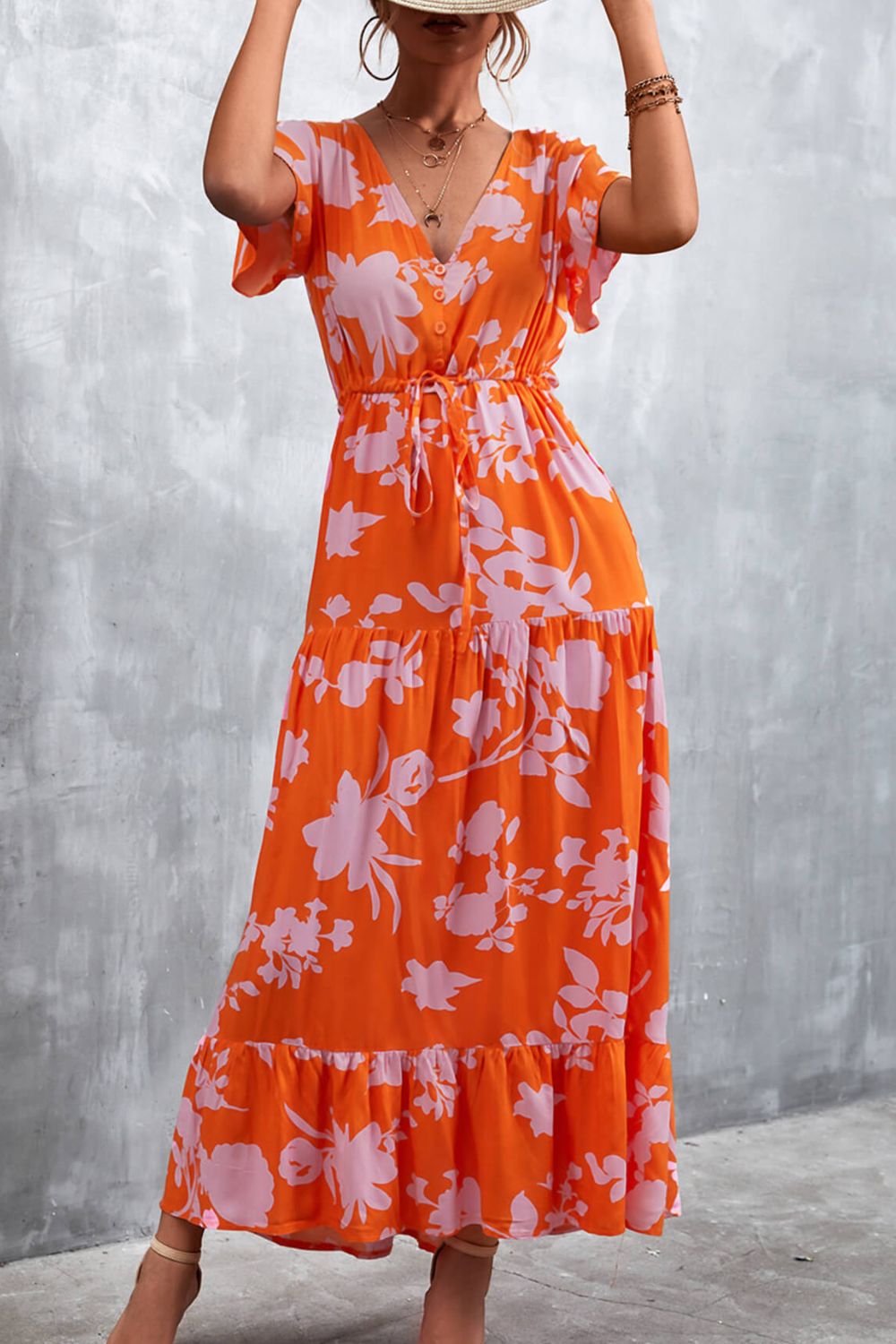Floral Print Button Front Tiered Midi Dress with Drawstring Waist - Perfect for Spring Weddings, Garden Parties & Date Nights
