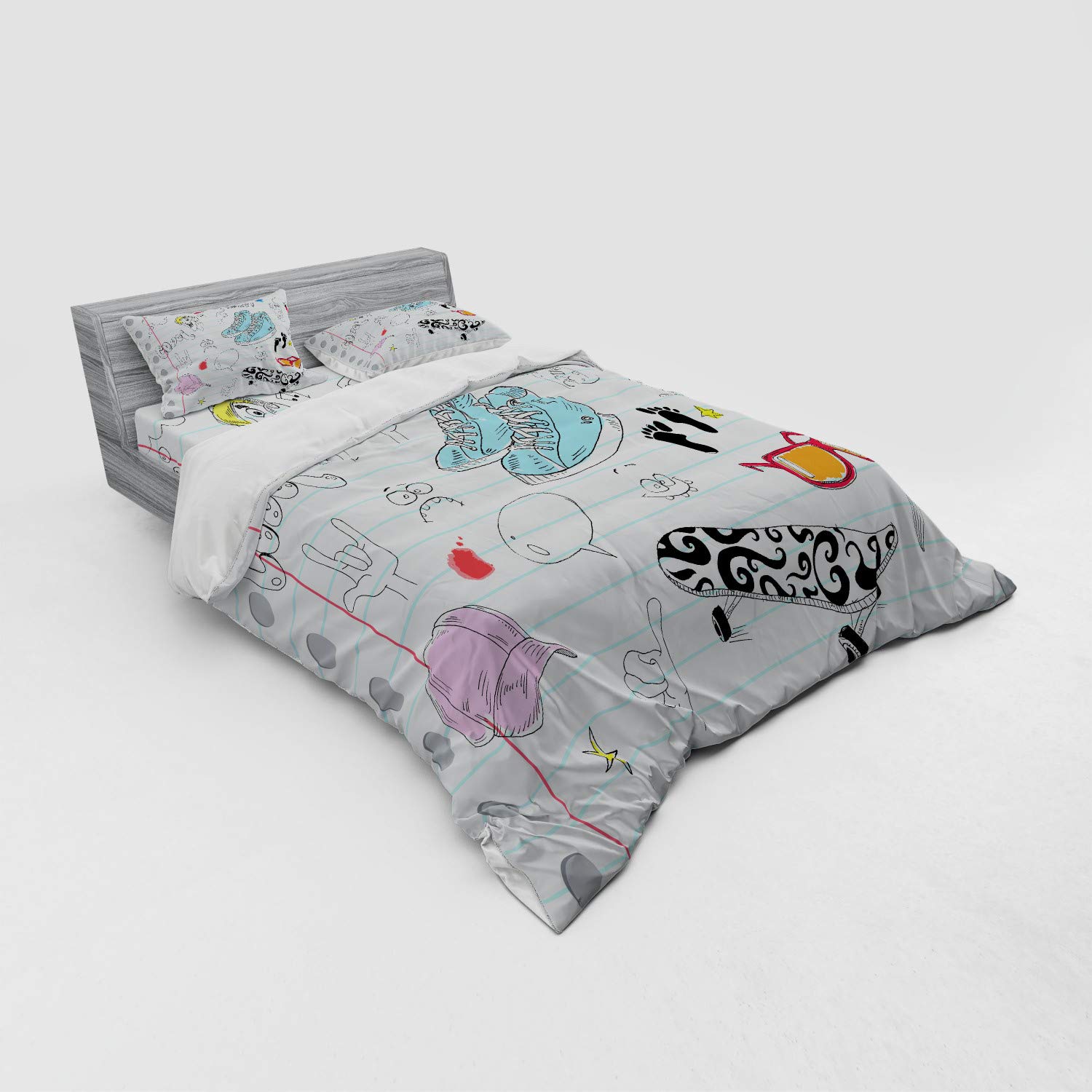 Ambesonne Hipster Duvet Cover Set - Funky Notebook Design with Skateboard & Shooting Star Patterns | 4-Piece Queen Size Bedding Set with Shams & Fitted Sheet in Black, Pale Blue & Ginger | Perfect for Bohemian Bedrooms, College Dorms & Teen Rooms