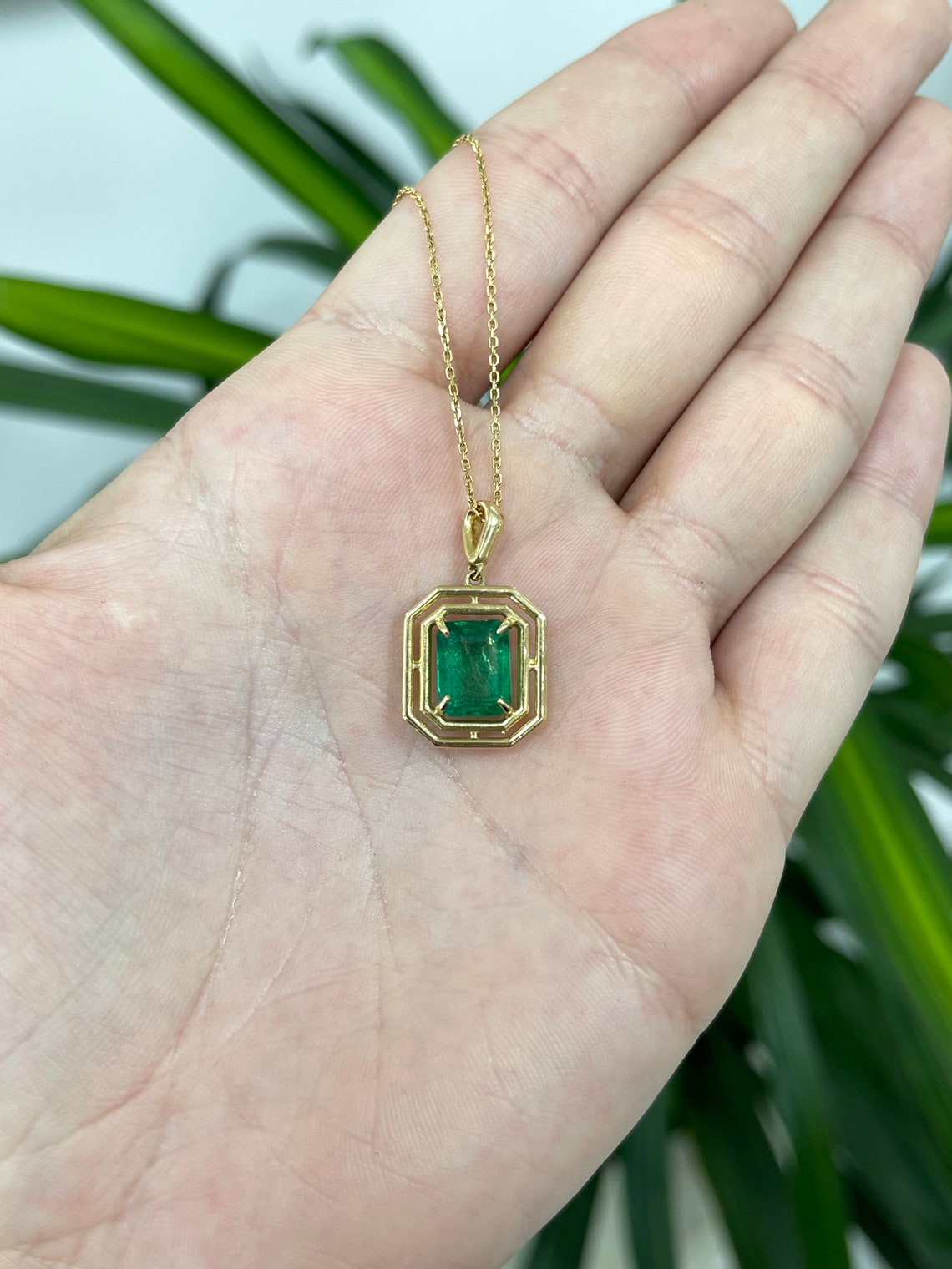 3.18ct 14K Gold Emerald Cut Solitaire Pendant - Modern Geometric Dark Green Emerald Prong Necklace for Women, Elegant Gift for Anniversary, Birthday & Special Occasions