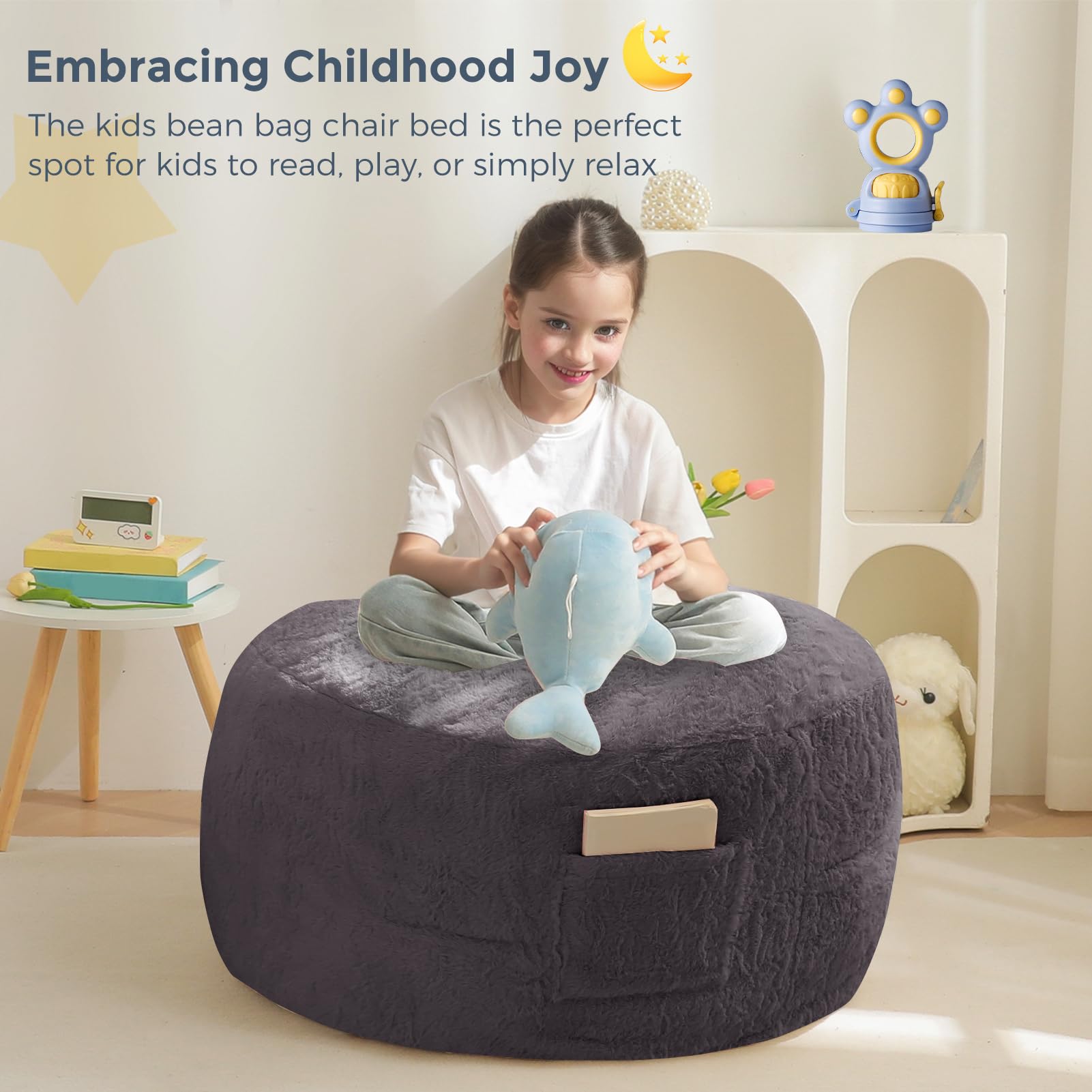 MAXYOYO Kids Bean Bag Chair Bed - Convertible Lazy Chair to Floor Mattress (Dark Grey) - Perfect for Playrooms, Dorm Rooms & Sleepovers
