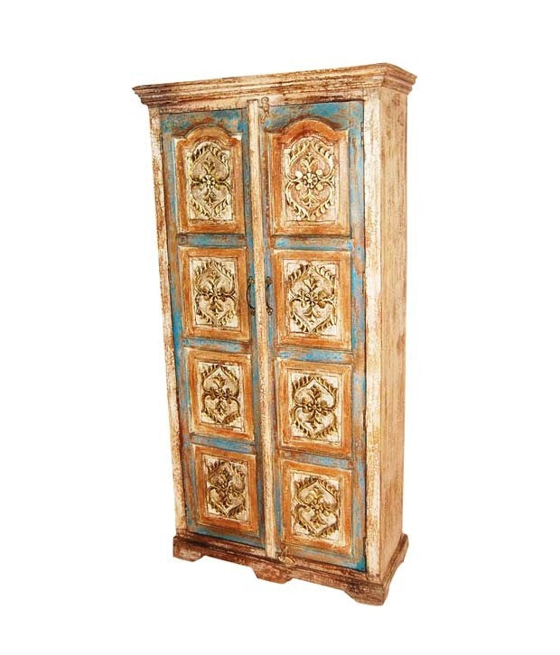 Antique Brass Embossed Mango Wood Wardrobe with Brass Finish - Perfect for Vintage Bedroom & Living Room Storage