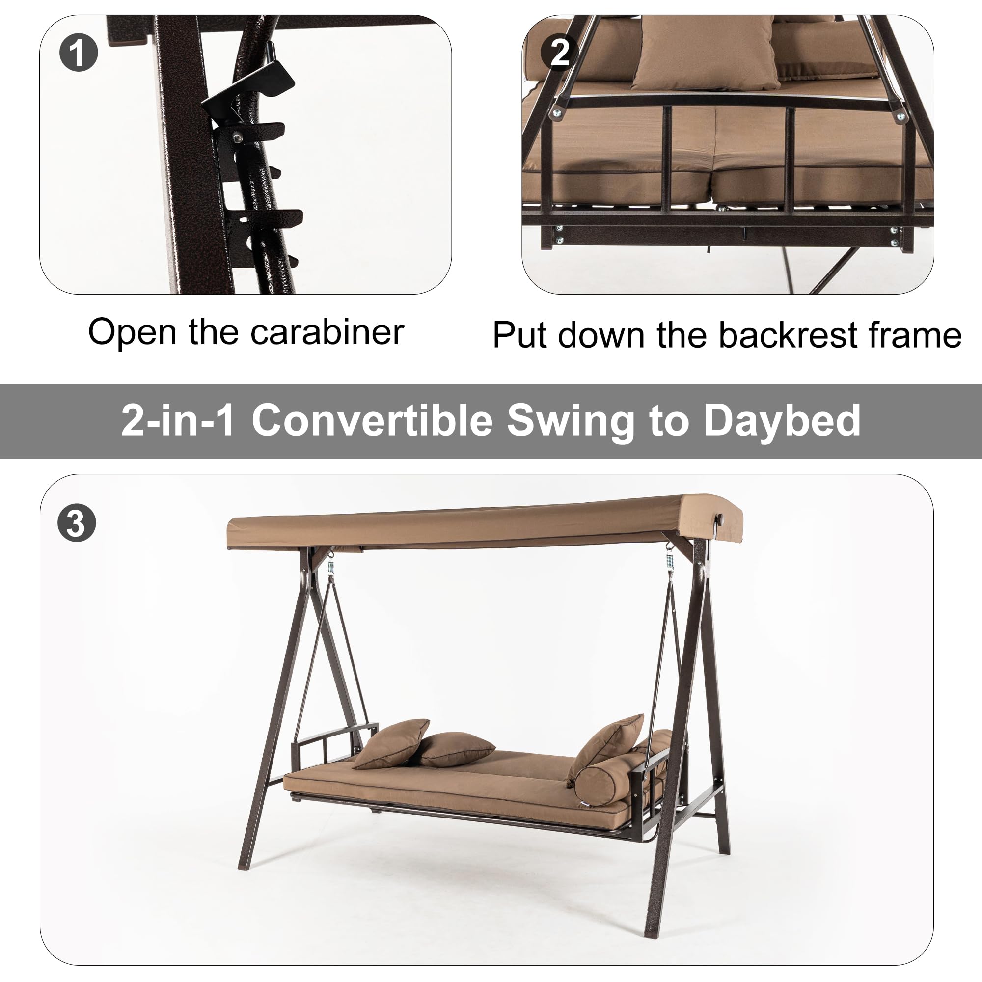 PURPLE LEAF 3-Seater Outdoor Patio Swing Chair with Adjustable Backrest - Weather-Resistant Steel Frame for Backyard, Porch or Garden - Includes Cushions & Pillows (Beige) - Perfect for Relaxing, Lounging & Outdoor Entertaining