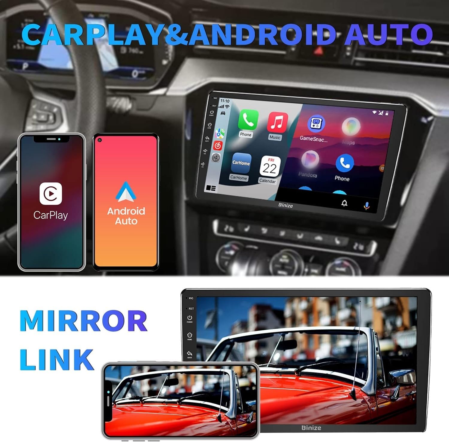 10 Inch Android 13 Double DIN Car Stereo with Wireless CarPlay & Android Auto - 2GB RAM 64GB ROM Touchscreen Head Unit, GPS Navigation, Bluetooth, FM Radio, SWC, Backup Camera - Perfect for SUV, Truck & Sedan Upgrades