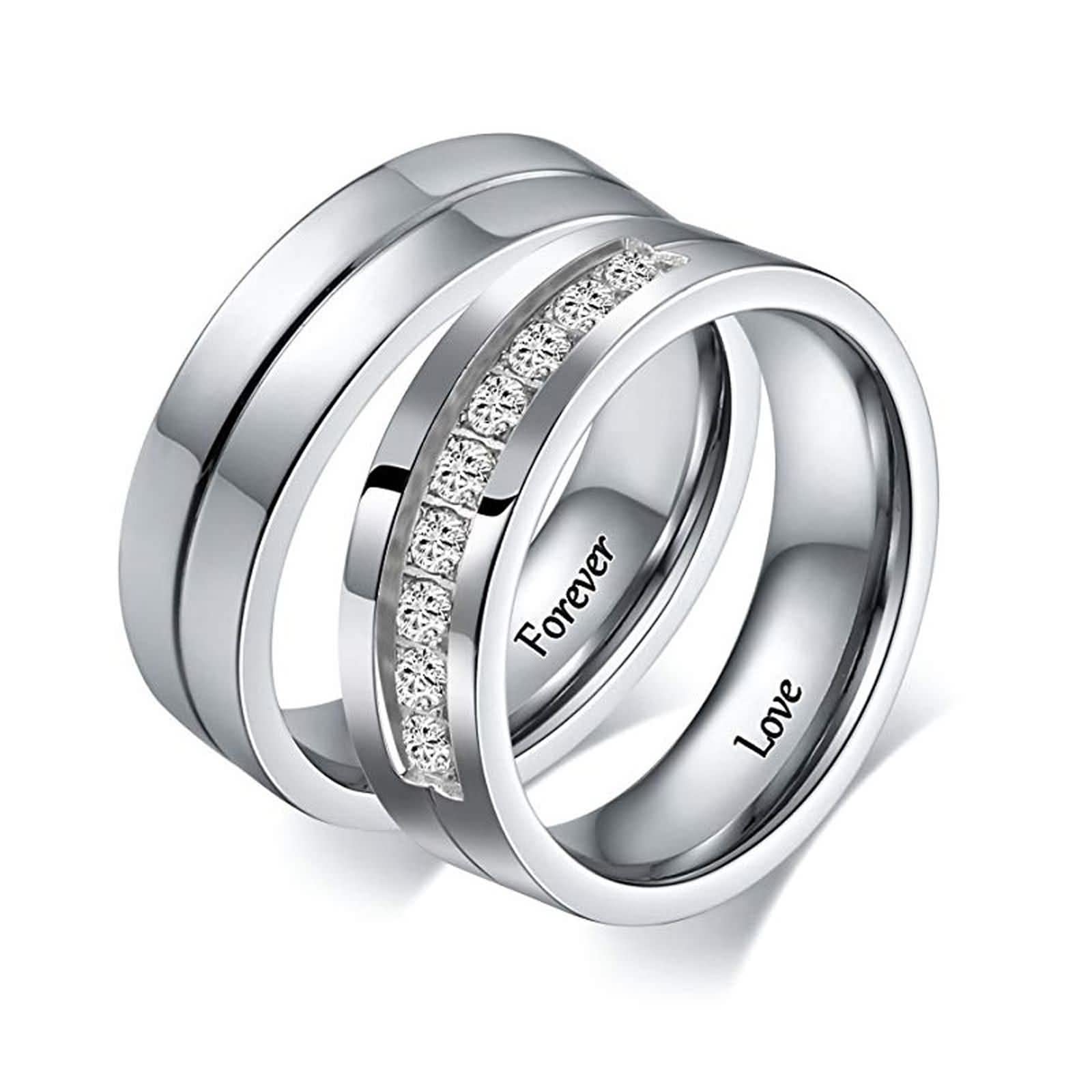 Engraved Matching Couple Rings - Sterling Silver & Stainless Steel Wedding Bands with 'Forever Love' Inscription | Perfect for Anniversaries, Engagements & Romantic Gifts
