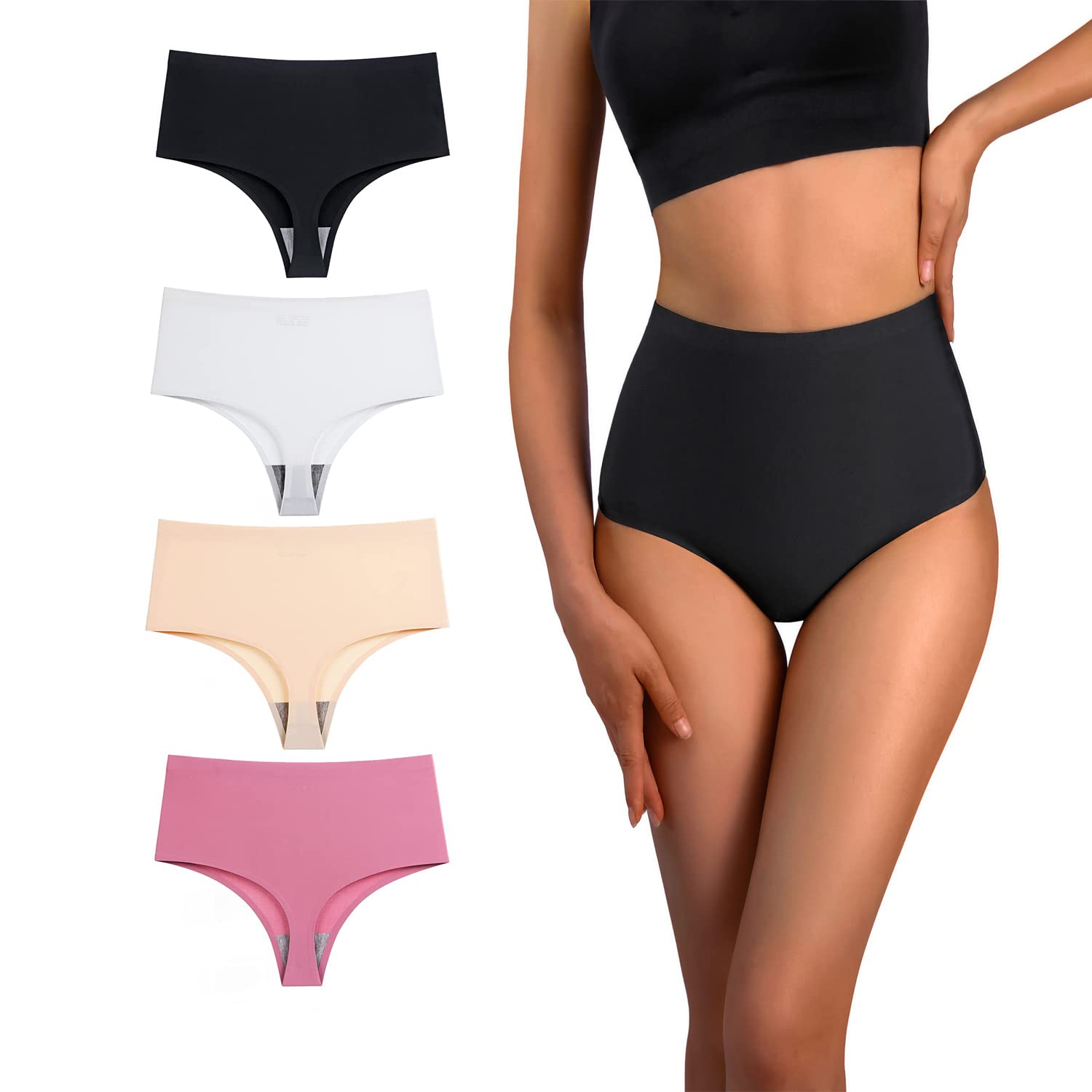 Seamless High Waisted Thong Underwear for Women - No Show Invisible Panties 4 Pack - Comfortable Everyday Wear for Yoga, Work & Travel