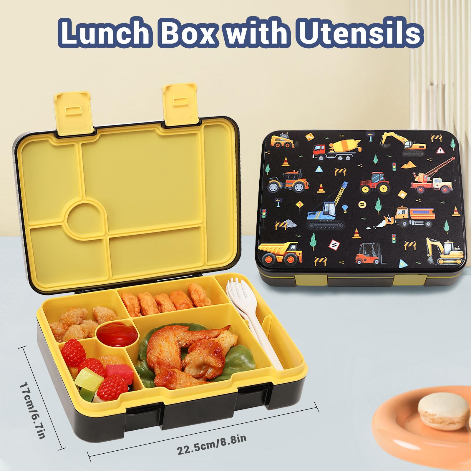 **Kids Insulated Lunch Box Backpack with 6 Leakproof Compartments & Removable Tray - Car-Themed Bento Box, Pencil Case & Utensils Set for Boys & Girls - Perfect for School, Picnics & Travel**