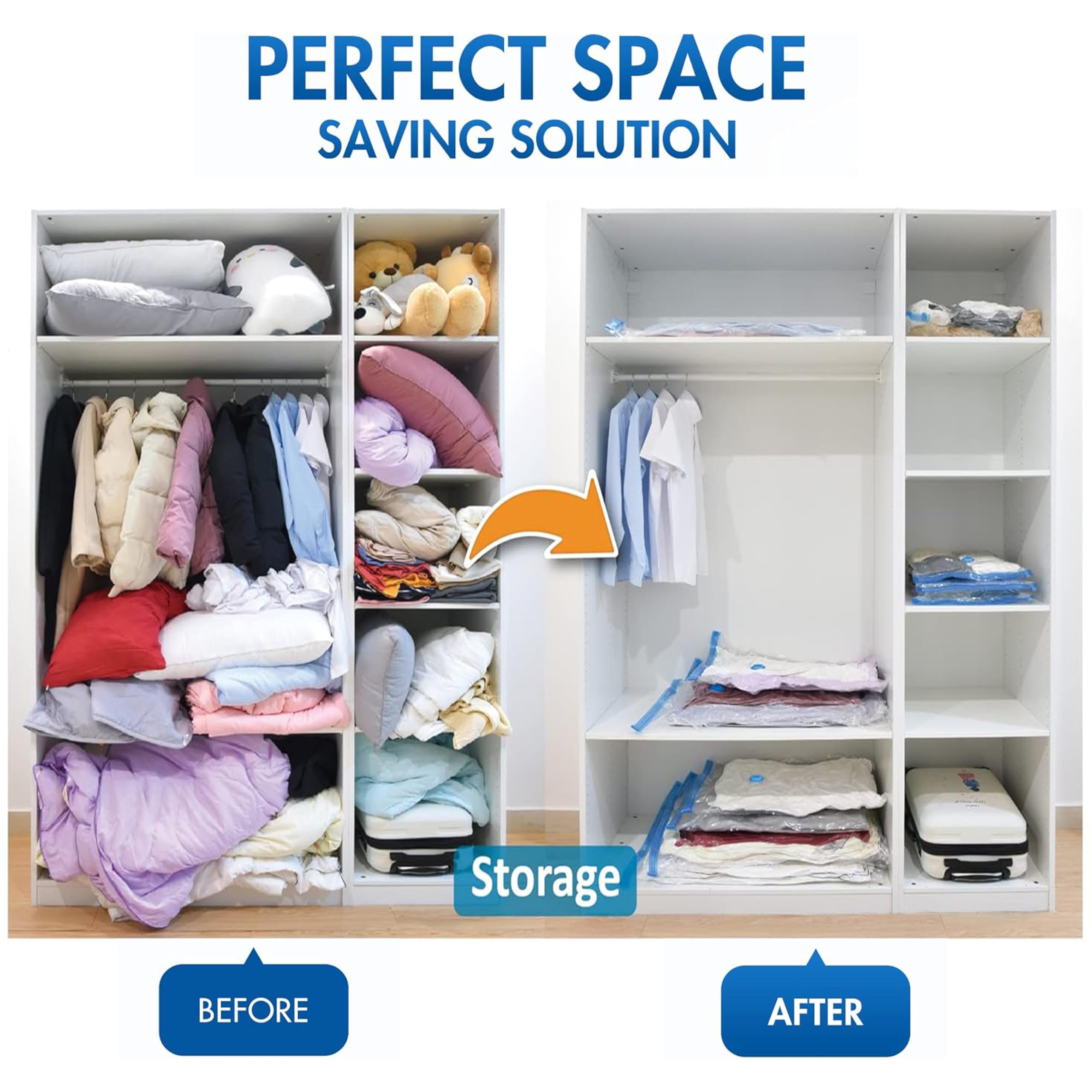 Simple Deluxe 32-Pack Vacuum Storage Bags (5 Jumbo/5 Large/6 Medium/6 Small/5 Roll M/5 Roll S) - Space Saver Bags with Hand Pump for Comforters, Blankets, Bedding, Pillows & Clothes - Perfect for Seasonal Storage, Travel & Home Organization