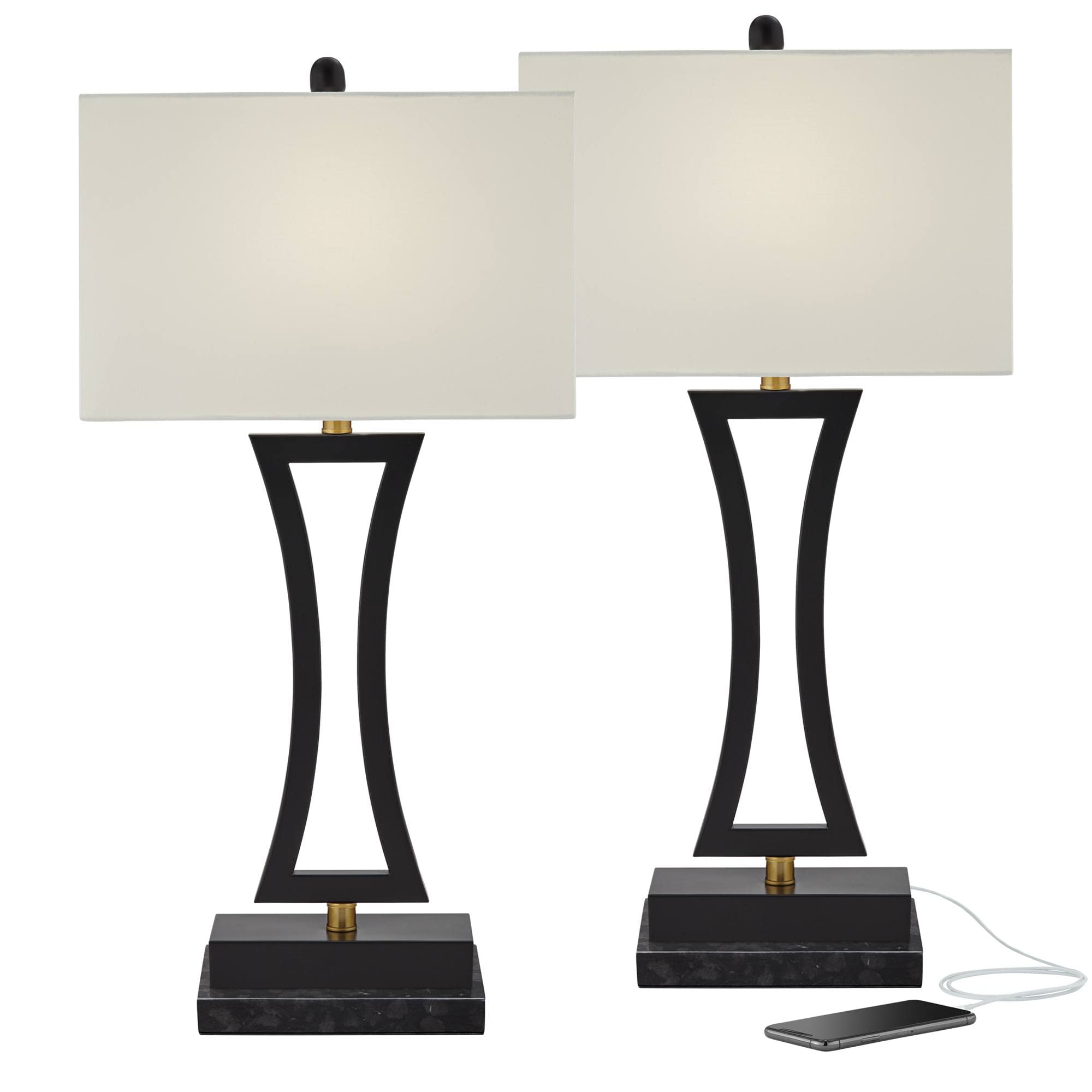 360 Lighting Roxie Modern Table Lamps - Set of 2 with Black Marble Base, USB Charging Port, 31