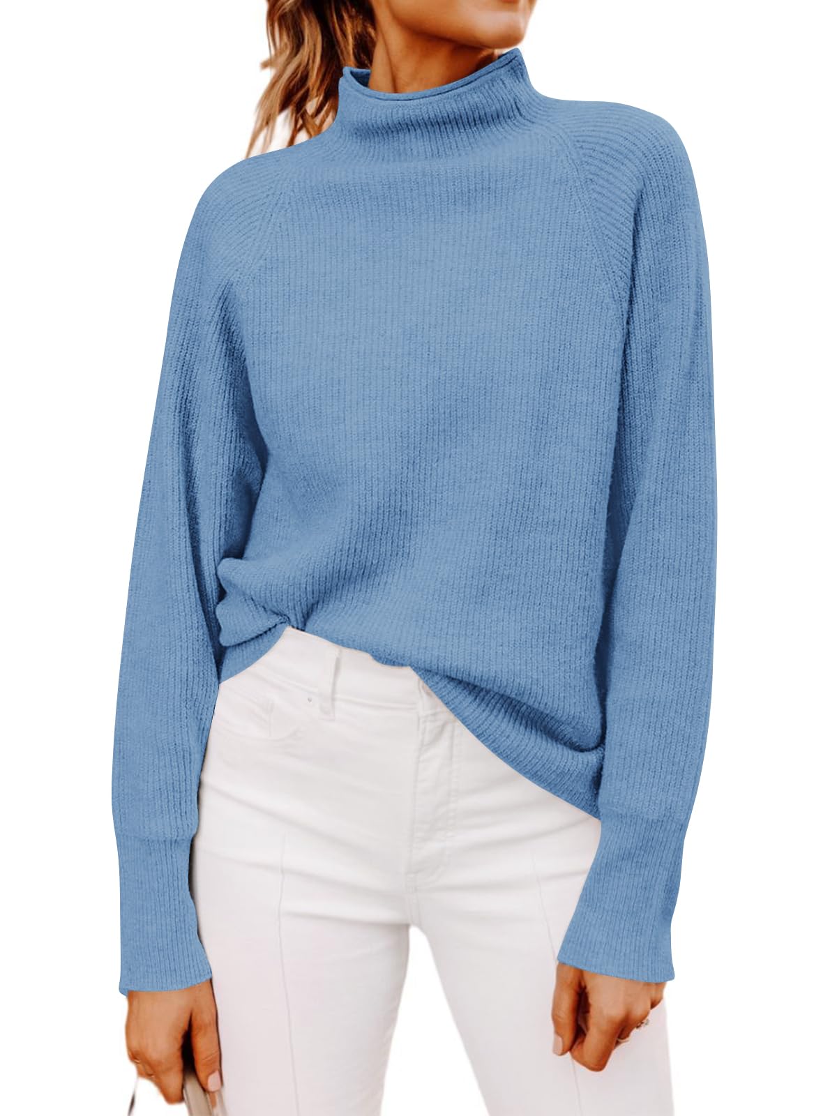 Yousify Women's Ribbed Mock Neck Batwing Sleeve Knit Sweater - Loose Fit Pullover Jumper Top for Casual Wear, Office & Fall Outfits