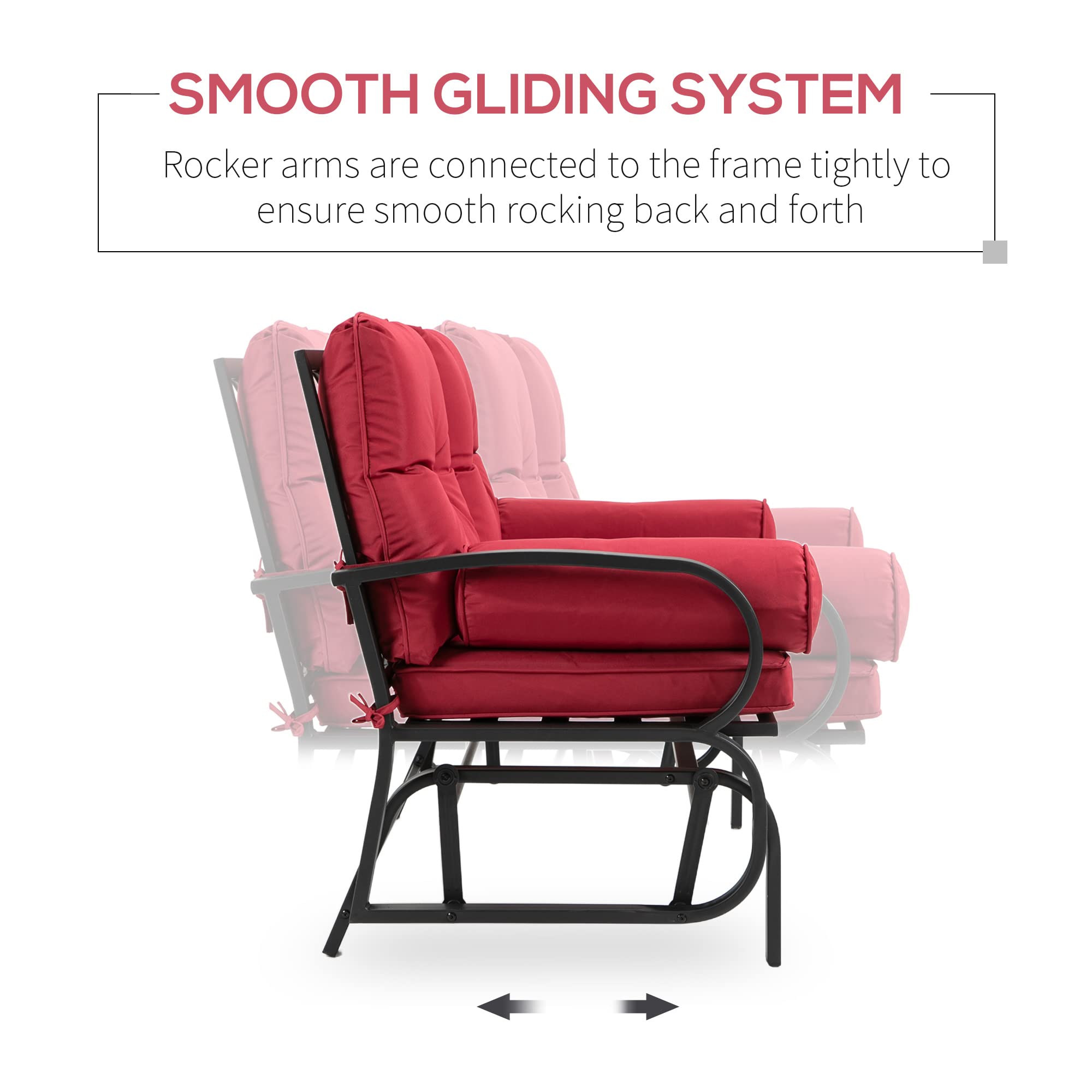 Outsunny 2-Person Swing Glider Rocking Chair - Patio Bench Loveseat with Steel Frame, Cushions & Pillow Armrests (Red) - Perfect for Backyard, Garden, Deck or Porch Relaxation
