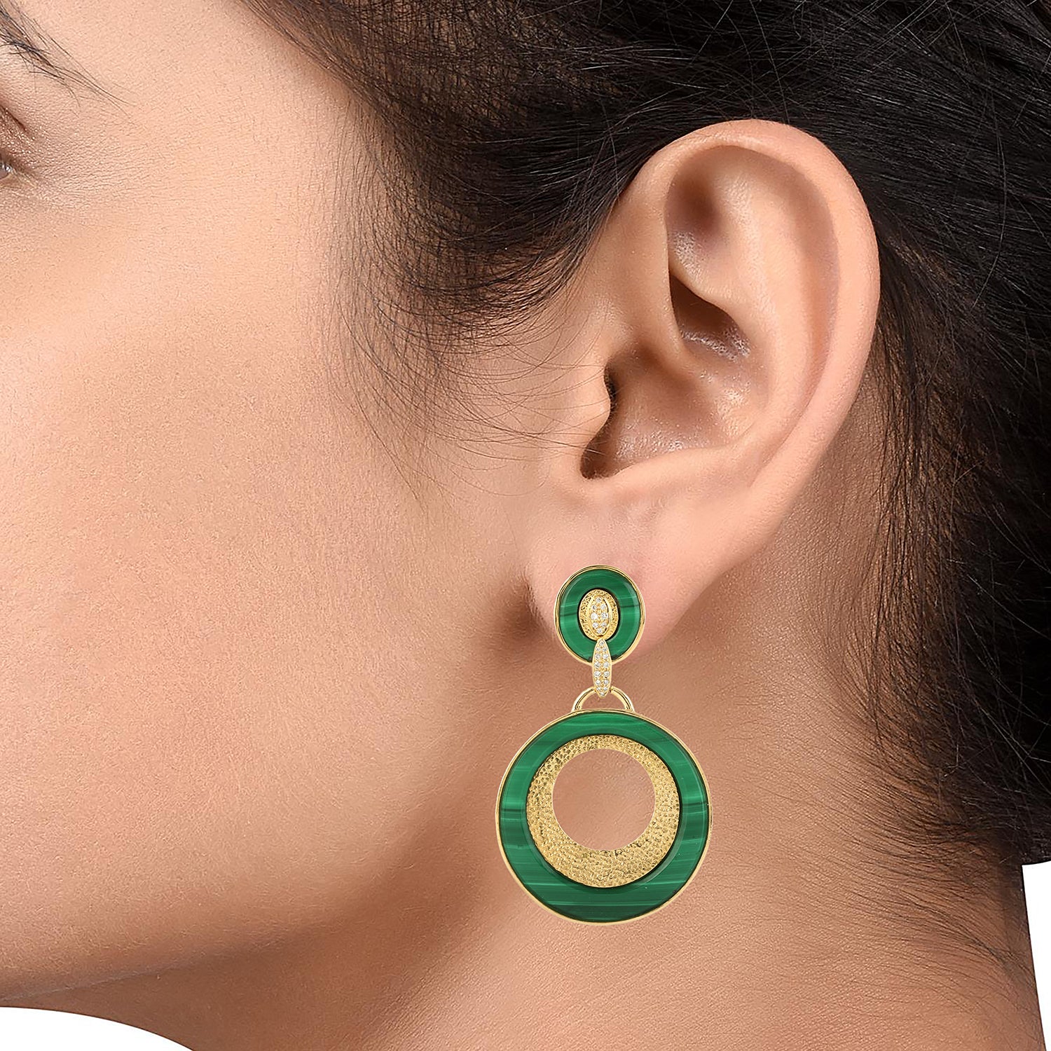 18K Yellow Gold Malachite Diamond Dangle Earrings for Women - Elegant Jewelry Gift for Her, Perfect for Weddings, Parties & Special Occasions