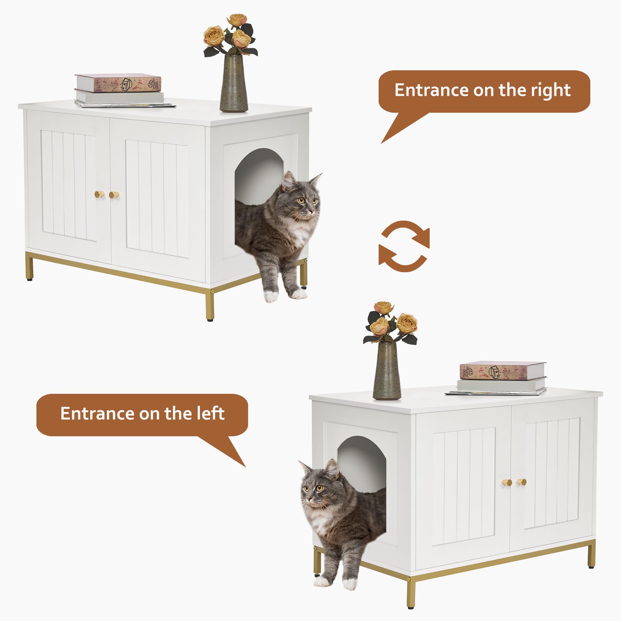 Modern White & Gold Cat Litter Box Enclosure Furniture - Hidden Metal Frame Washroom House for Cats | Fits Most Litter Boxes | Perfect for Small Spaces & Home Decor
