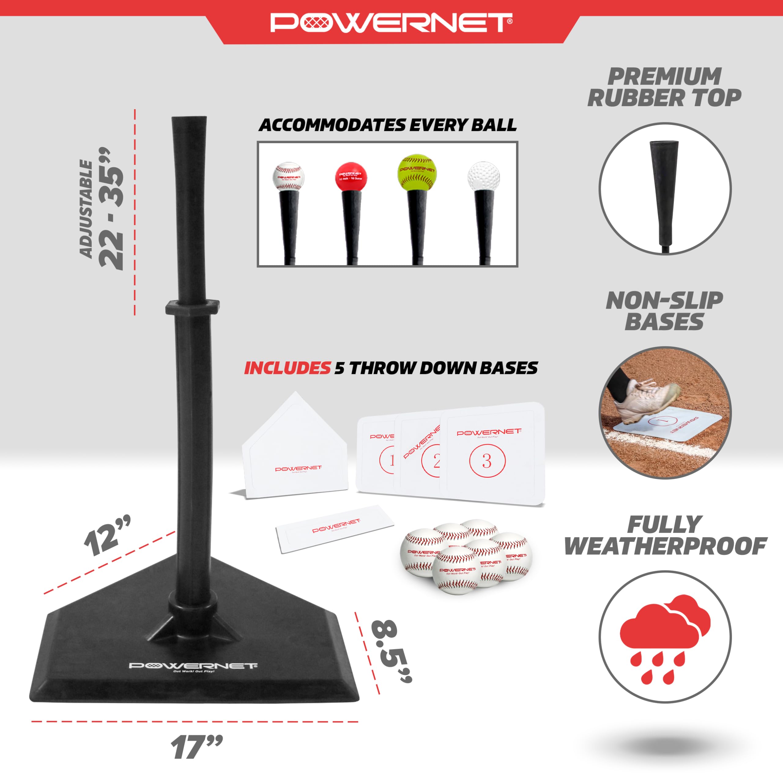PowerNet T-Ball Baseball Training Set for Kids & Coaches - 6 Soft Core Baseballs, Adjustable Batting Tee & 5 Throw Down Bases - Perfect for Youth Baseball Practice, Tee Ball Games & Backyard Training