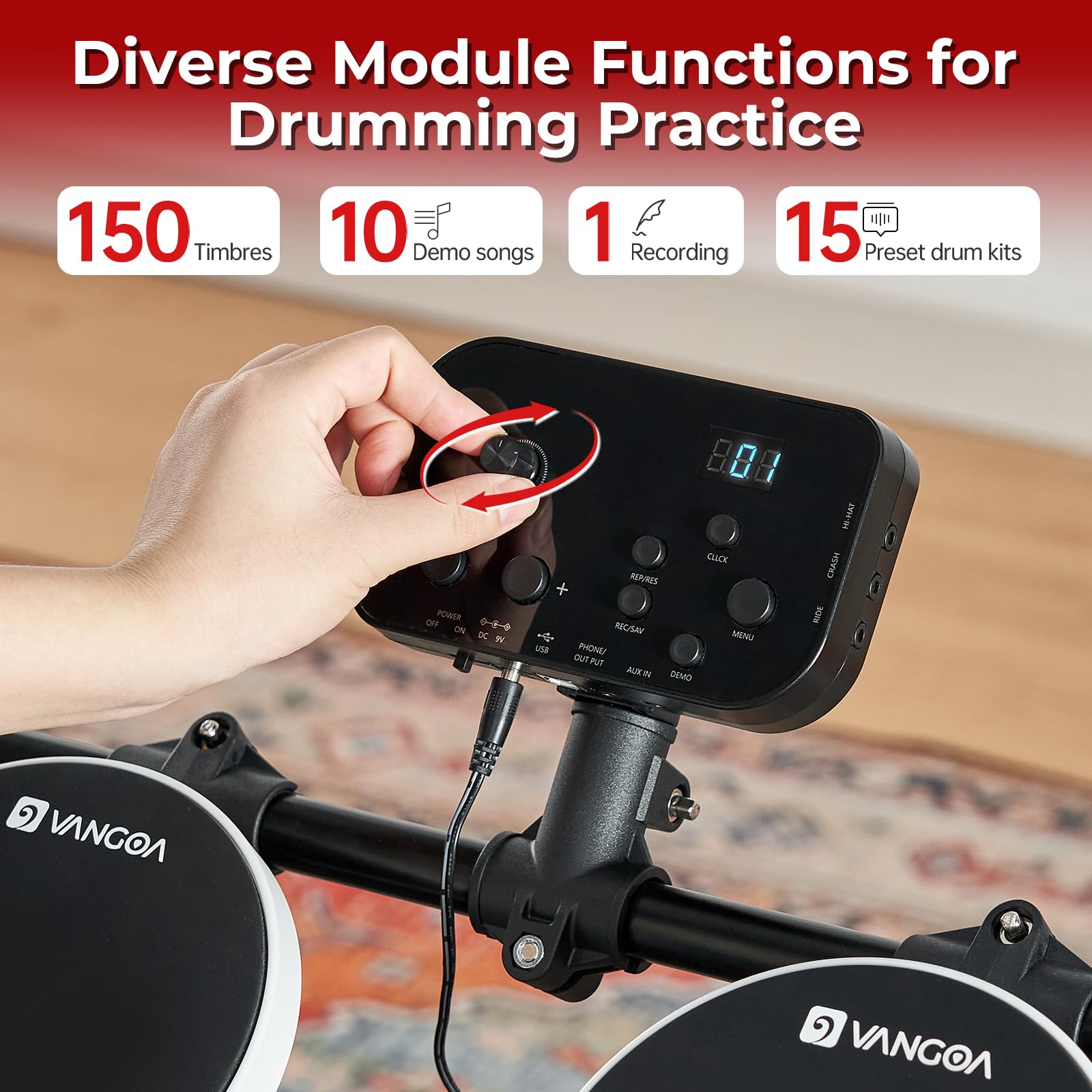 Vangoa 8-Piece Electronic Drum Set for Adults - Quiet Drum Pads, Cymbals, 2 Lightweight Pedals, 150 Built-in Sounds & Headphone Jack - Perfect for Beginners & Home Practice (White) - Ideal for Music Learning, Studio Recording & Silent Practice Sessions
