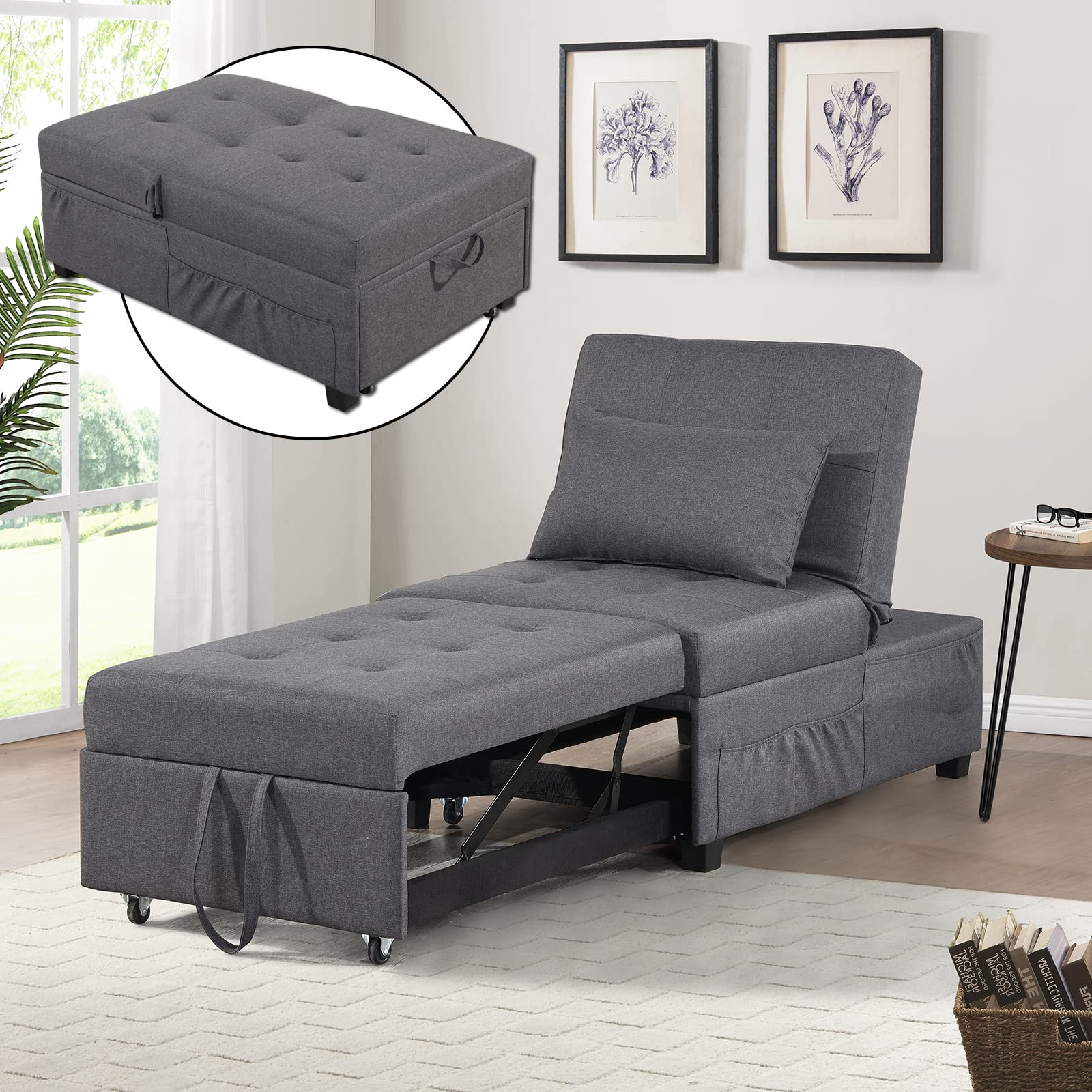 IPKIG 4-in-1 Convertible Chair Sleeper Bed - Multi-Functional Folding Ottoman Sofa Bed with Lumbar Pillow & Adjustable Design - Modern Linen Fabric Guest Bed for Small Spaces - Perfect for Apartments, Dorms & Home Offices (Grey)