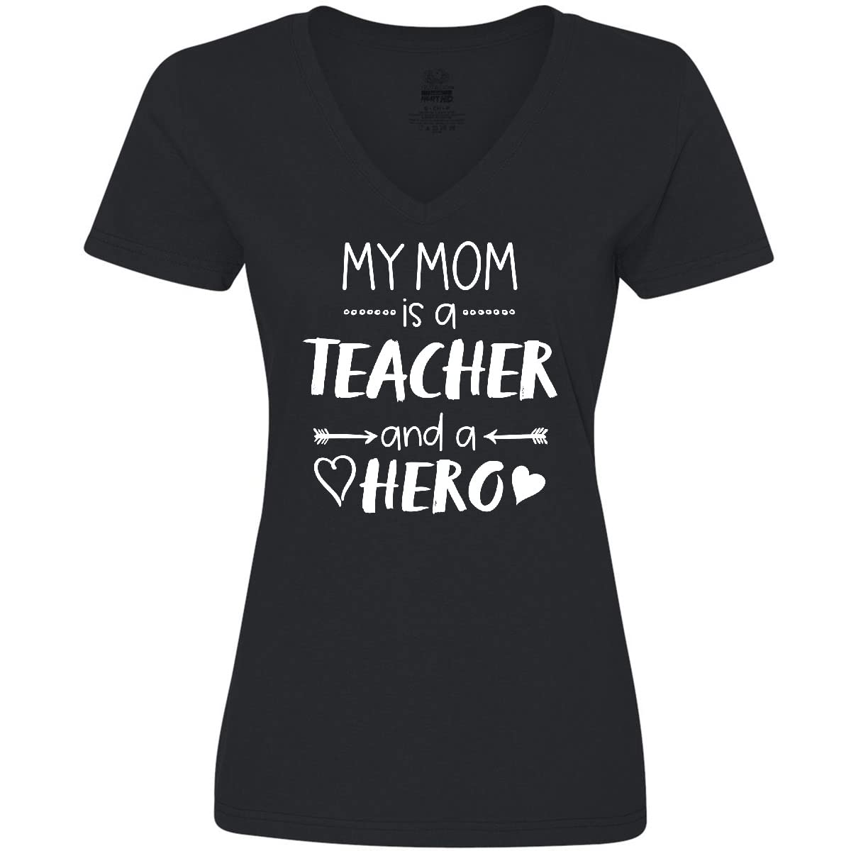 Inktastic My Mom is a Teacher and a Hero Women's V-Neck T-Shirt - Comfortable Casual Tee for Teacher Appreciation Gifts, Mother's Day, and Everyday Wear