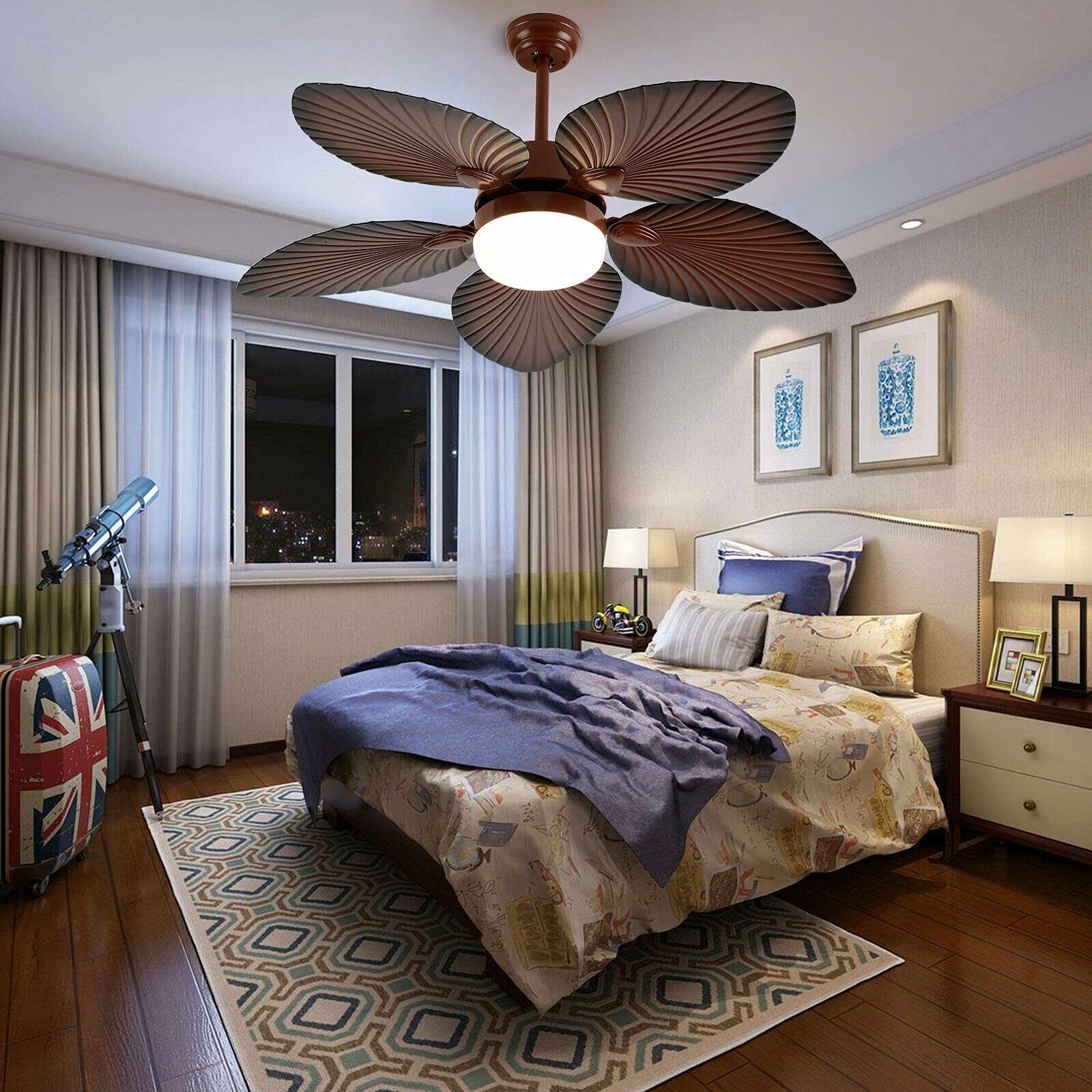 OUKANING 52-inch Tropical Ceiling Fan with LED Light and Remote Control - Indoor/Outdoor 5-Blade Palm Design for Living Room, Bedroom, Dining Room, Restaurant, Bar, Cafe - Perfect for Coastal Decor and Breezy Comfort