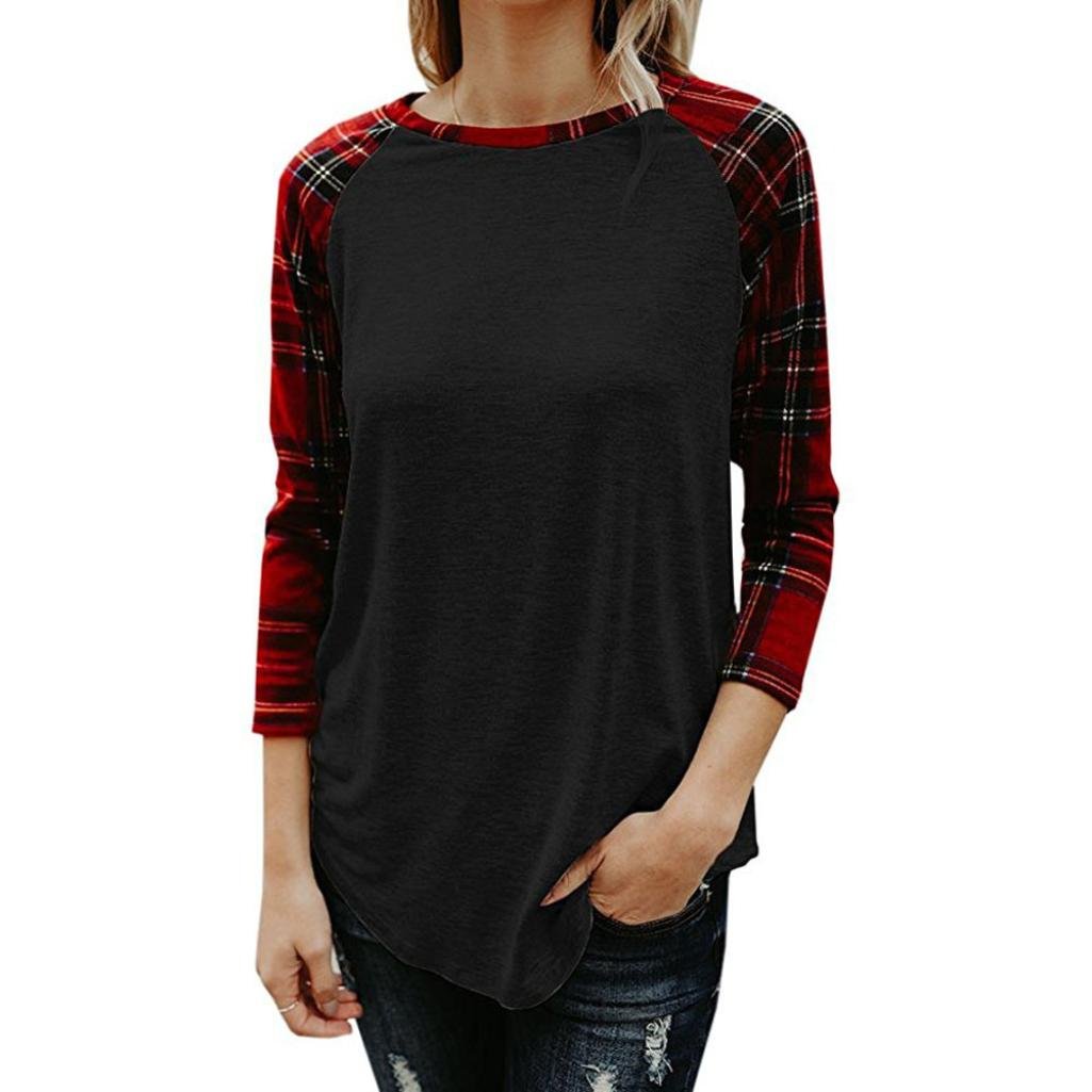 Women's Fashion Plaid Patchwork Blouse - 3/4 Sleeve Loose Tops for Casual Wear & Office Outfits | Clearance Sale