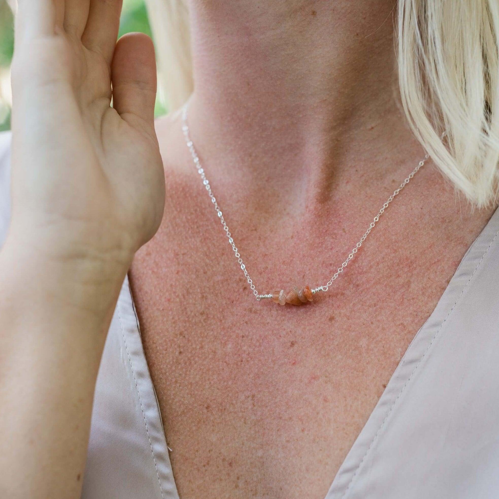Sunstone Chip Bead Bar Necklace - Natural Gemstone Jewelry for Women, Healing Crystal Pendant with Adjustable Chain - Perfect for Meditation, Yoga & Spiritual Gifts