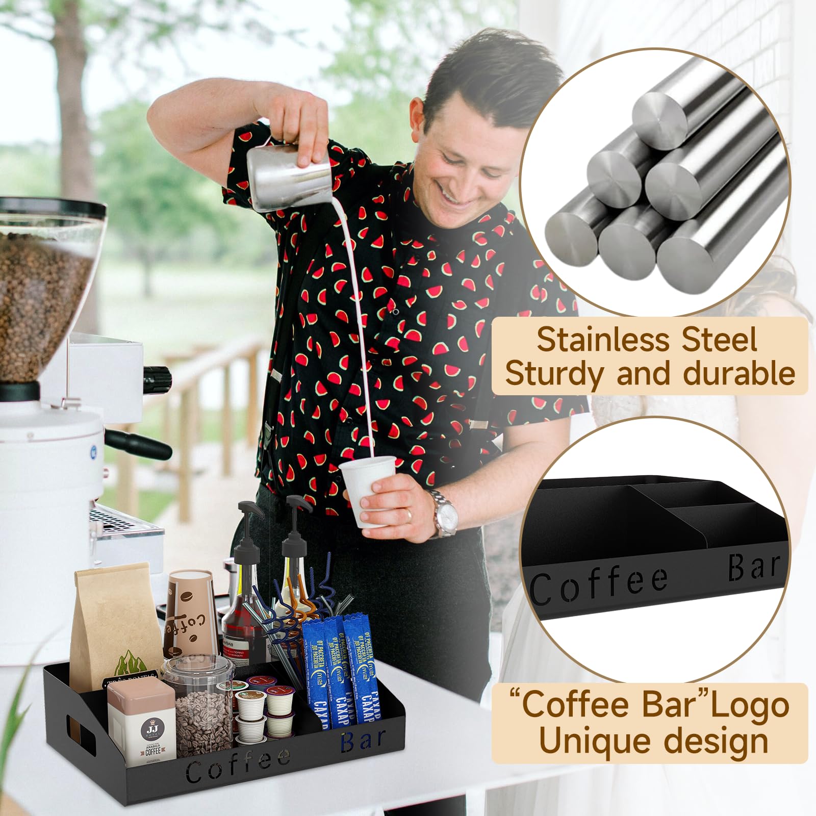 Black Metal Coffee Bar Organizer - Countertop Coffee Station with K-Cup Holder, Syrup & Stirrer Storage - Perfect for Kitchen, Office or Dorm Coffee Setup