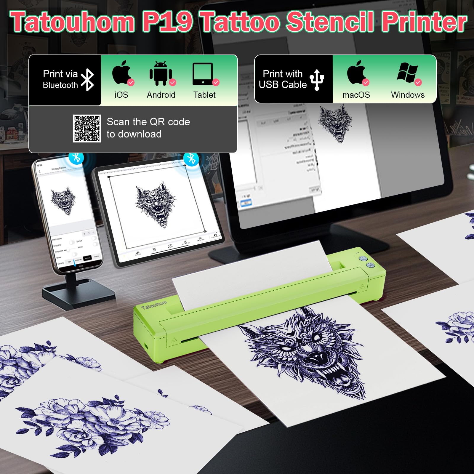 Upgraded P19 Wireless Tattoo Stencil Printer - Bluetooth Thermal Tattoo Machine Kit with Transfer Paper, Compatible with Tablet, Smartphone & PC - Perfect for Professional Tattoo Artists & Home Studios