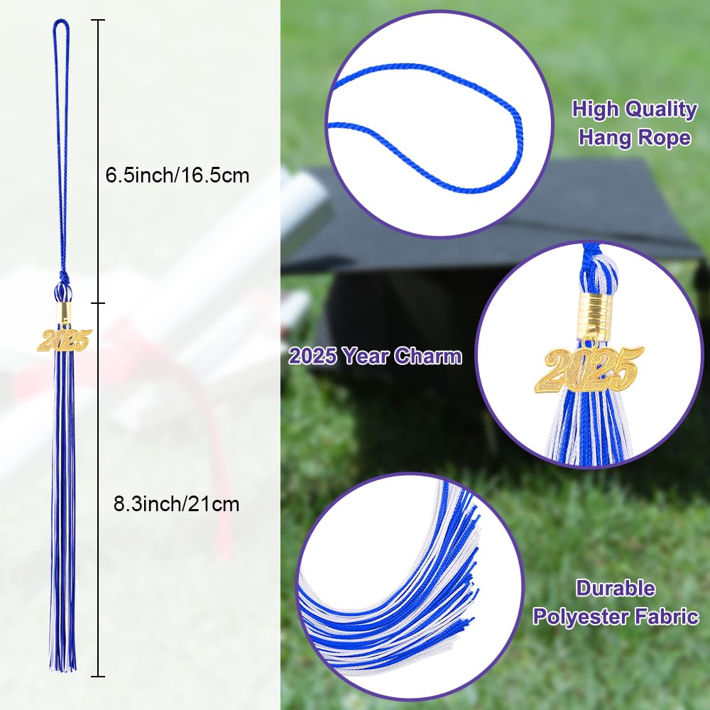 2025 Graduation Tassel with Gold Date Charm - Blue & White Academic Cap Tassel for High School & College Graduates - Perfect for 2025 Graduation Ceremony, Cap Decoration & Photo Props