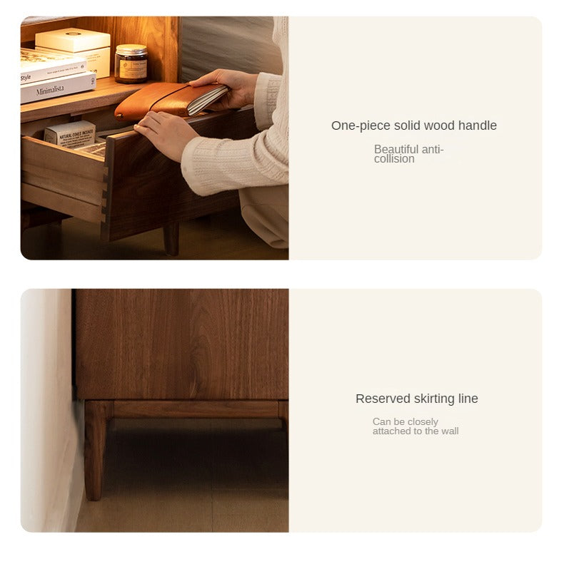 Premium Black Walnut & Ash Solid Wood Nightstand with Built-in Light - Modern Bedside Table for Bedroom Decor & Small Space Storage