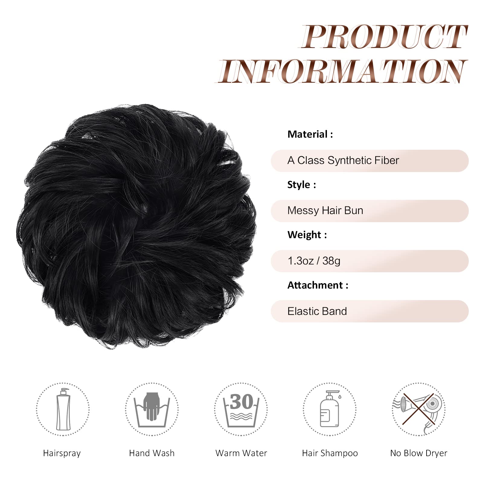 FESHFEN Wavy Curly Messy Hair Bun Extensions - Donut Hair Chignon, Wig Scrunchy, Ponytail Hairpiece - Perfect for Updos, Parties & Everyday Styling (Jet Black)