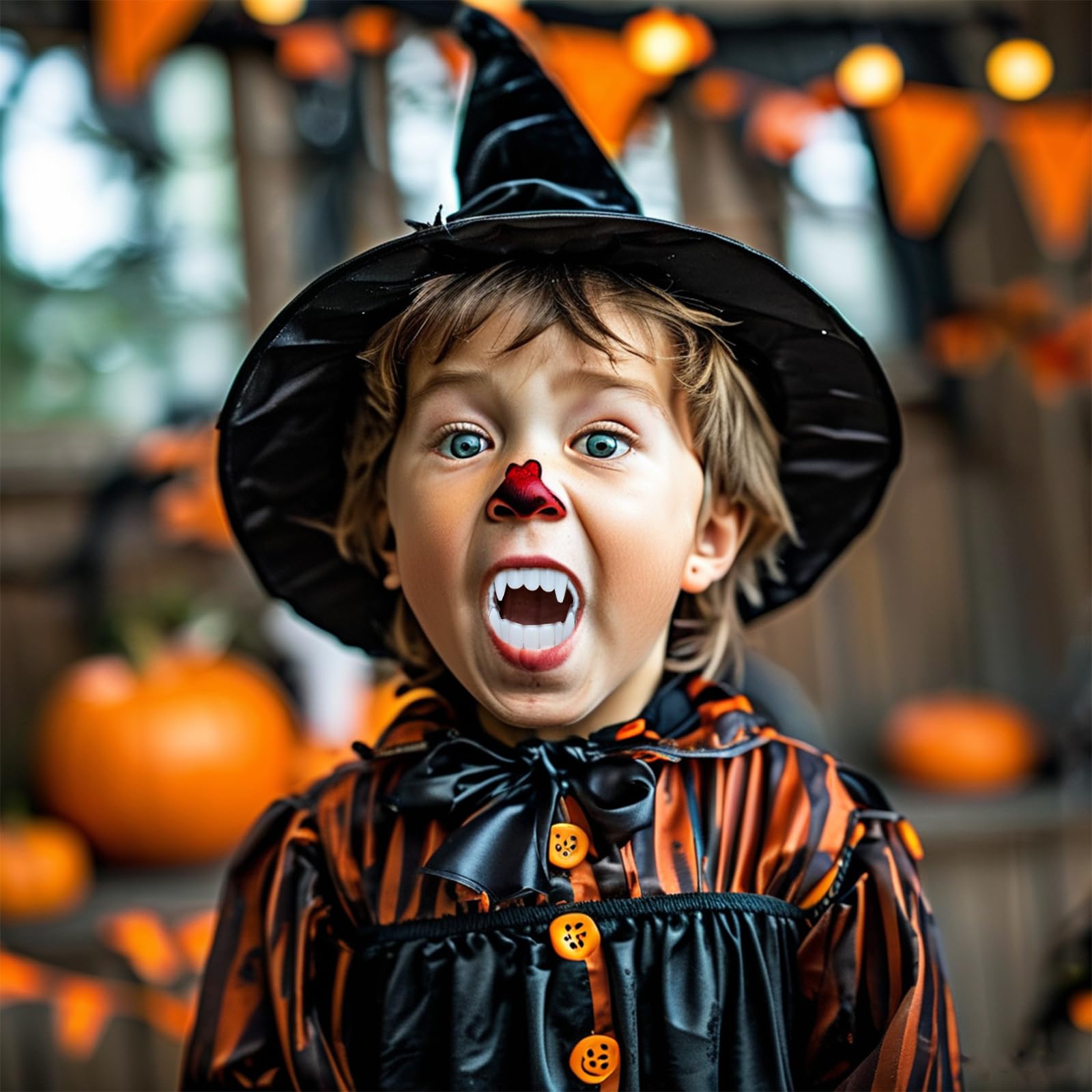Halloween Temporary Tattoos & Vampire Teeth Fangs Set - Realistic Fake Blood Face Tattoos for Adults & Kids, Waterproof Costume Accessories for Halloween Parties, Cosplay & Trick or Treat