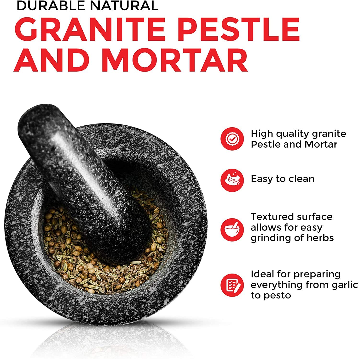 Premium Granite Mortar and Pestle Set - Natural Honed & Polished for Grinding Spices, Herbs, Seeds, Salt & Pepper - Durable Kitchen Tool for Fresh Flavor Paste - Perfect for Cooking, Baking & Meal Prep