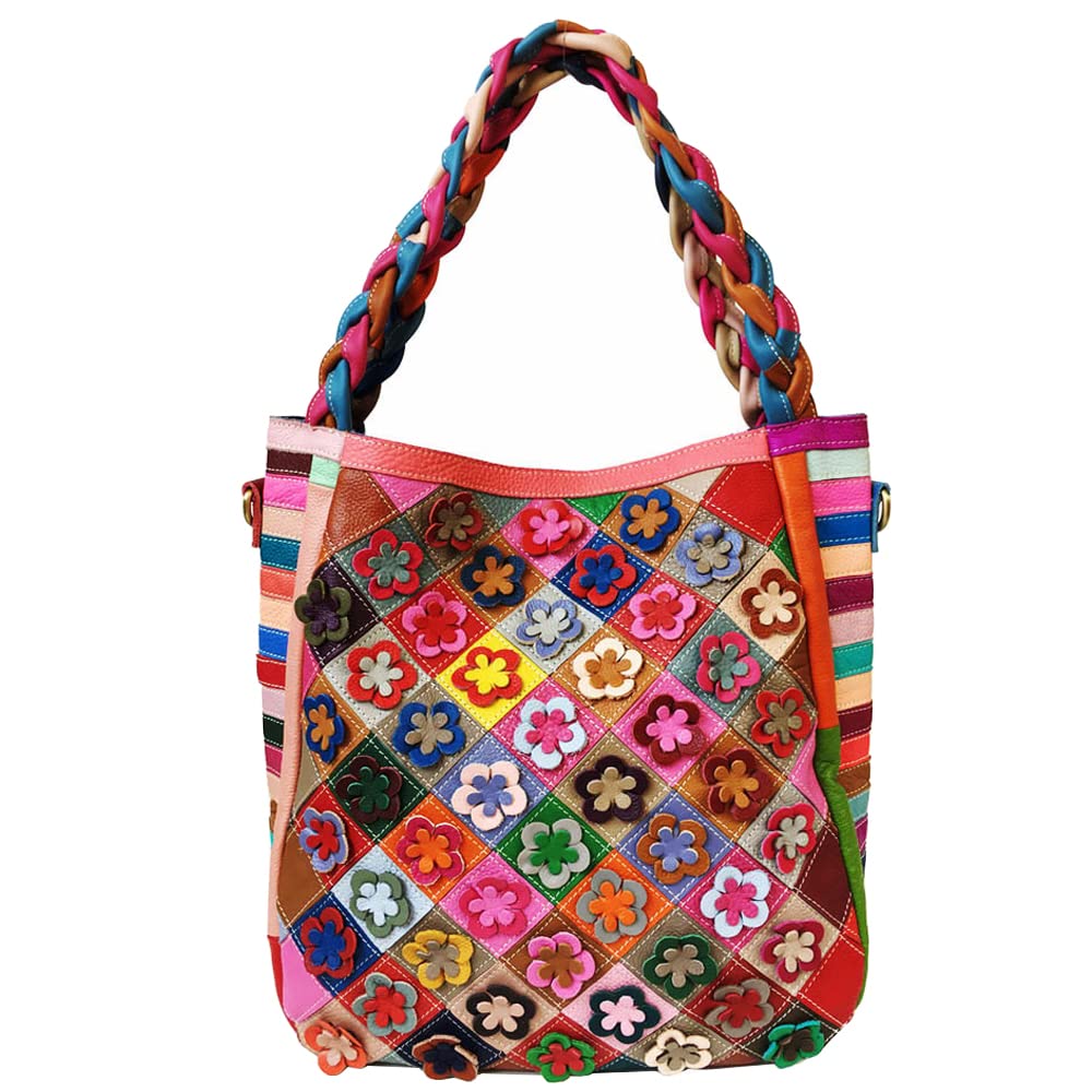 Genuine Leather Handbags for Women - 3D Floral Tote Bag with Hand Woven Strap, Shoulder Bag & Crossbody Purse | Elegant Satchel for Work, Travel & Everyday Use