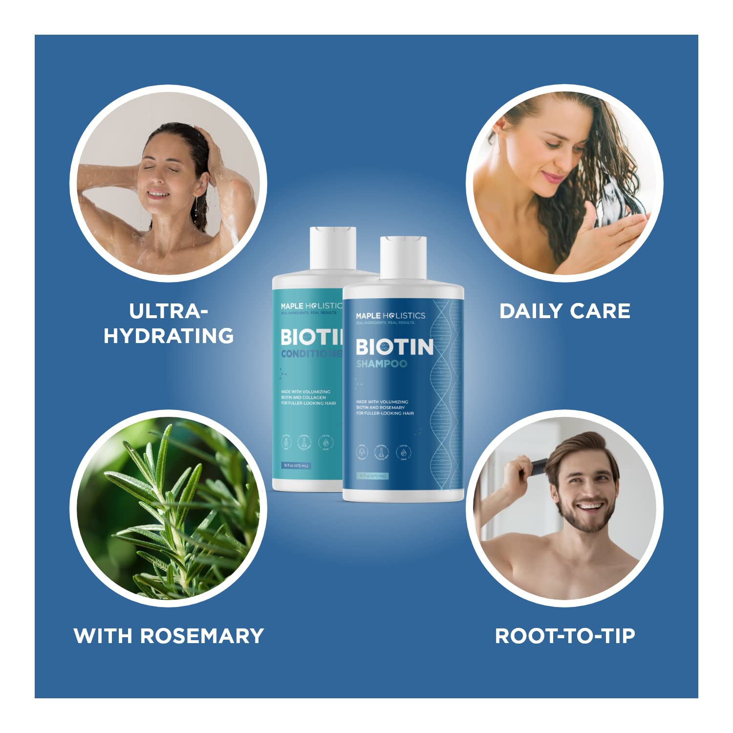 Maple Holistics Volumizing Hair Bundle - Biotin Shampoo & Conditioner Set with Pure Rosemary Essential Oil for Thicker, Fuller Hair - Salon Quality Hair Care for Women & Men - Perfect for Daily Use, Styling & Hair Growth