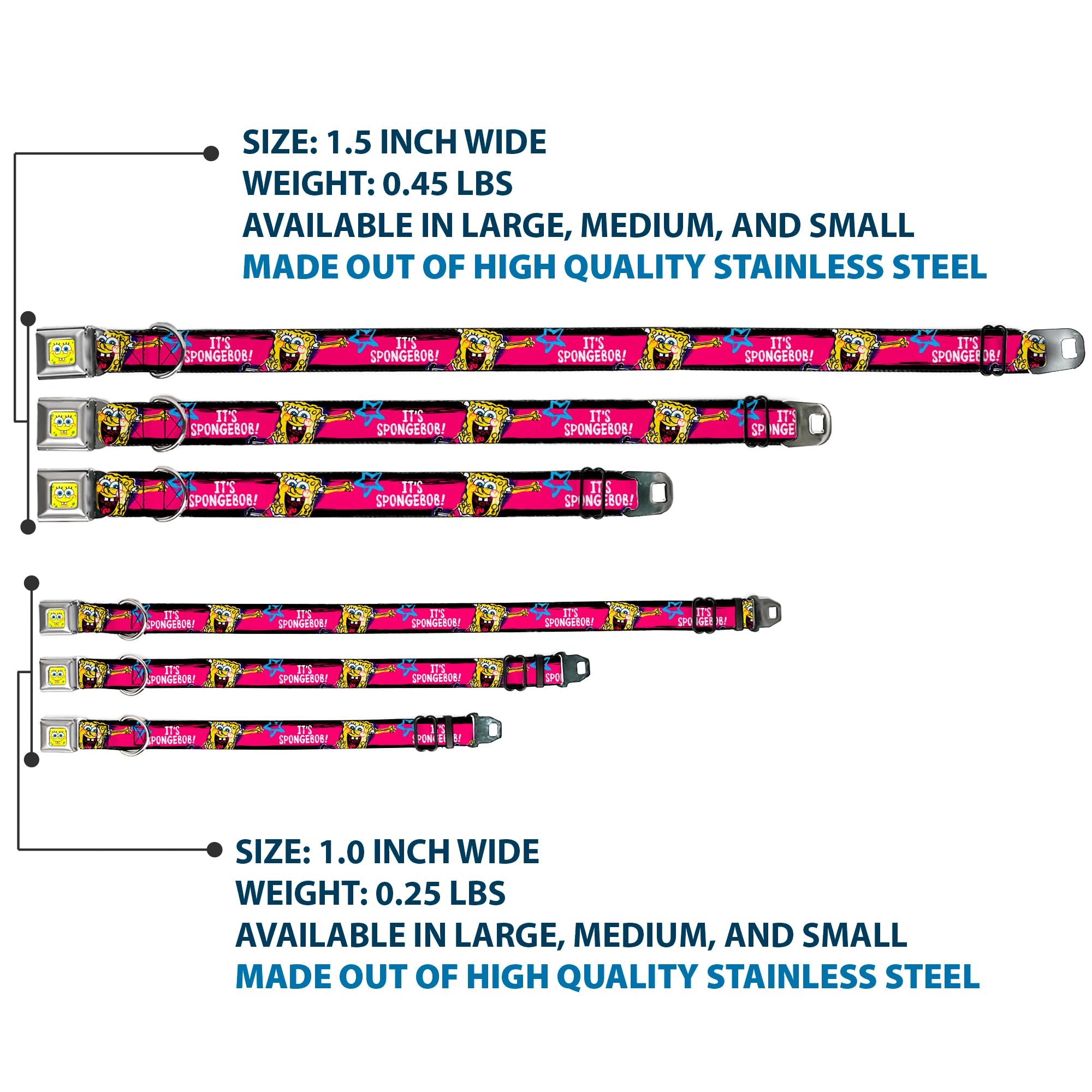 Spongebob Dog Collar with Seatbelt Buckle - Adjustable 11-17 Inch Pet Collar in Black, Pink, Blue, White - 1.0 Inch Wide for Small to Medium Dogs - Perfect for Walks, Training & Costume Parties