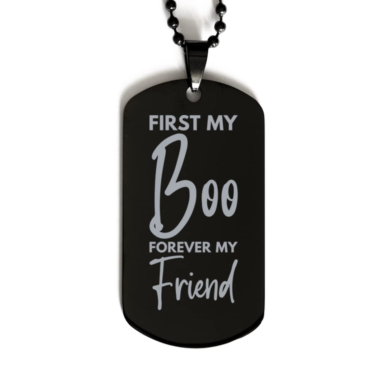 Inspirational Boo Black Dog Tag Necklace - First My Boo, Forever My Friend - Best Birthday Gift for Boo - Perfect for Anniversaries, Valentine's Day, and Special Moments